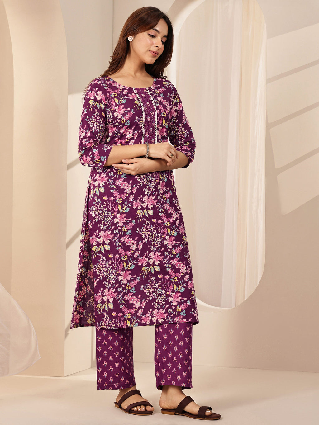 Libas Wine Printed Cotton Straight Suit Sets With Dupatta
