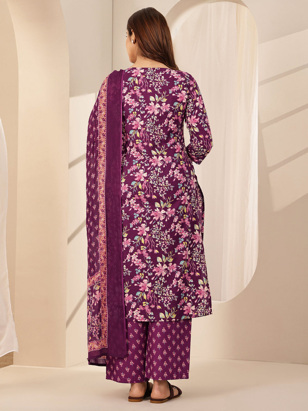 Libas Wine Printed Cotton Straight Suit Sets With Dupatta