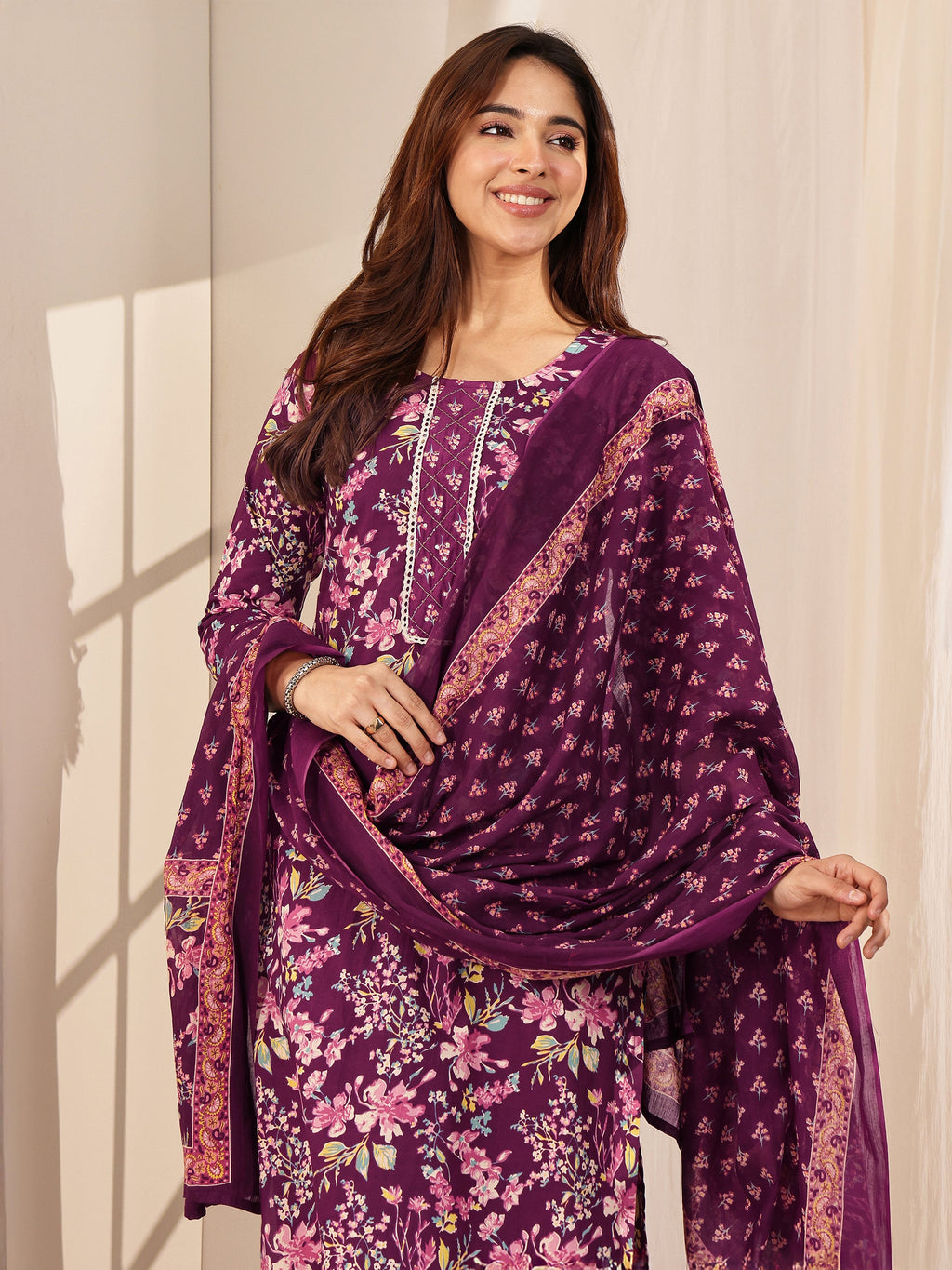 Libas Wine Printed Cotton Straight Suit Sets With Dupatta