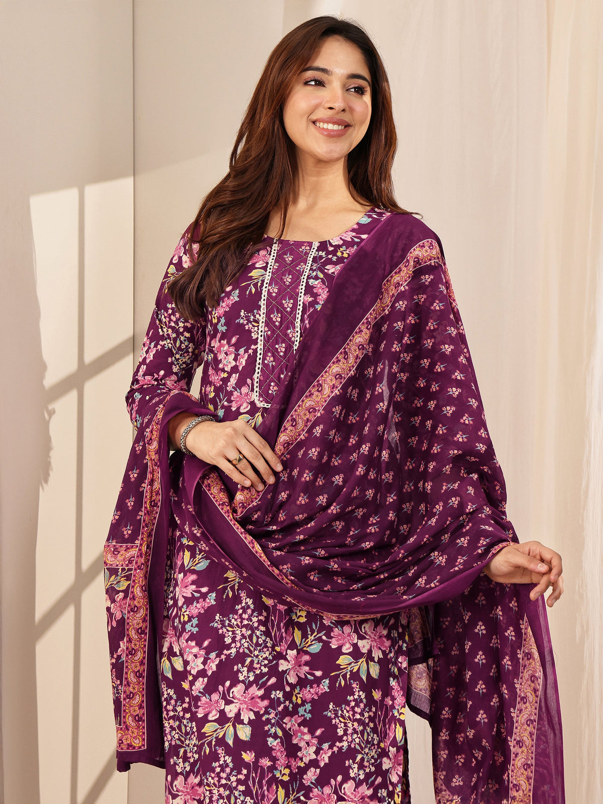 Libas Wine Printed Cotton Straight Suit Sets With Dupatta