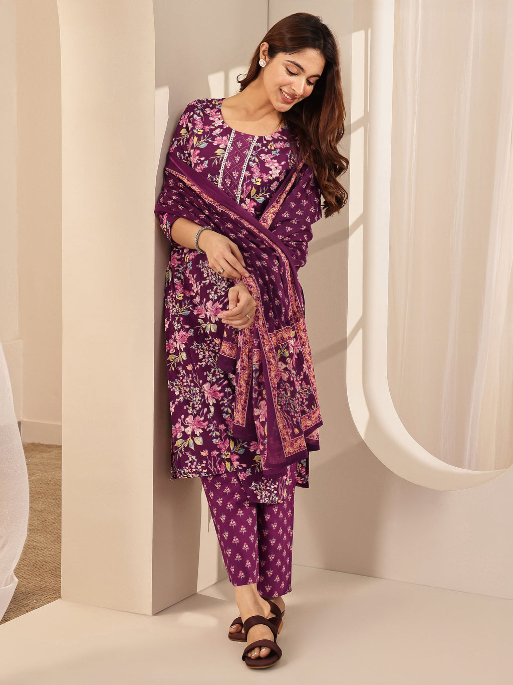 Libas Wine Printed Cotton Straight Suit Sets With Dupatta