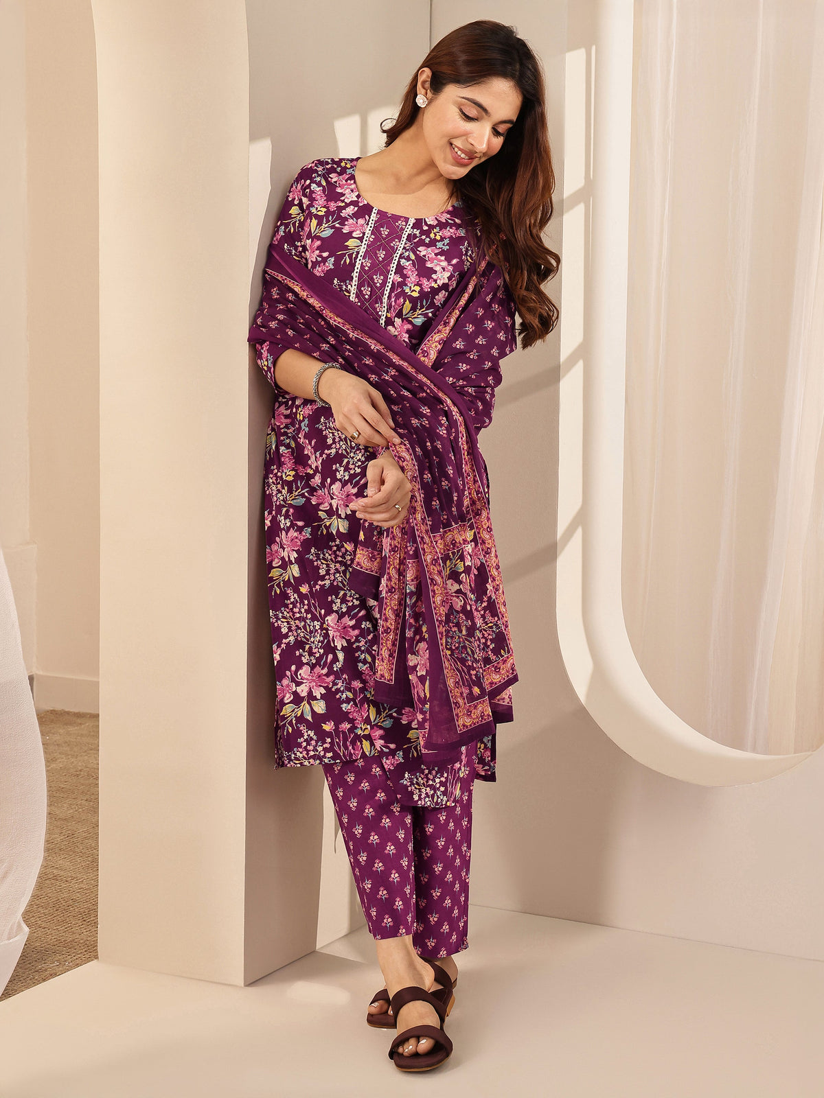 Libas Wine Printed Cotton Straight Suit Sets With Dupatta