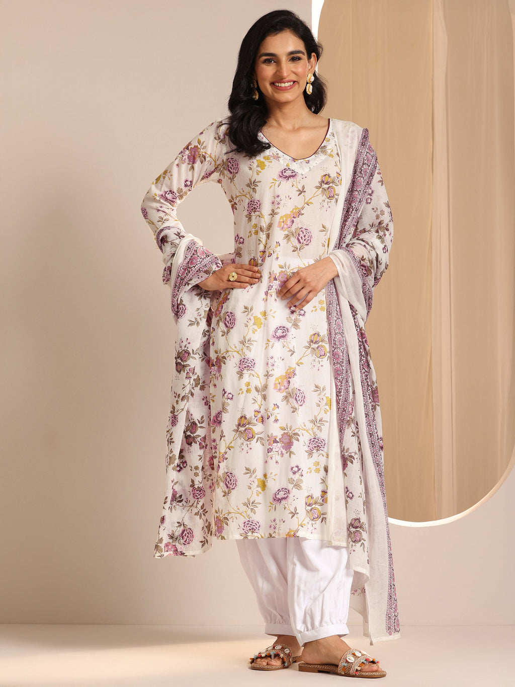 Libas Off White Printed Cotton Straight Suit Sets With Dupatta