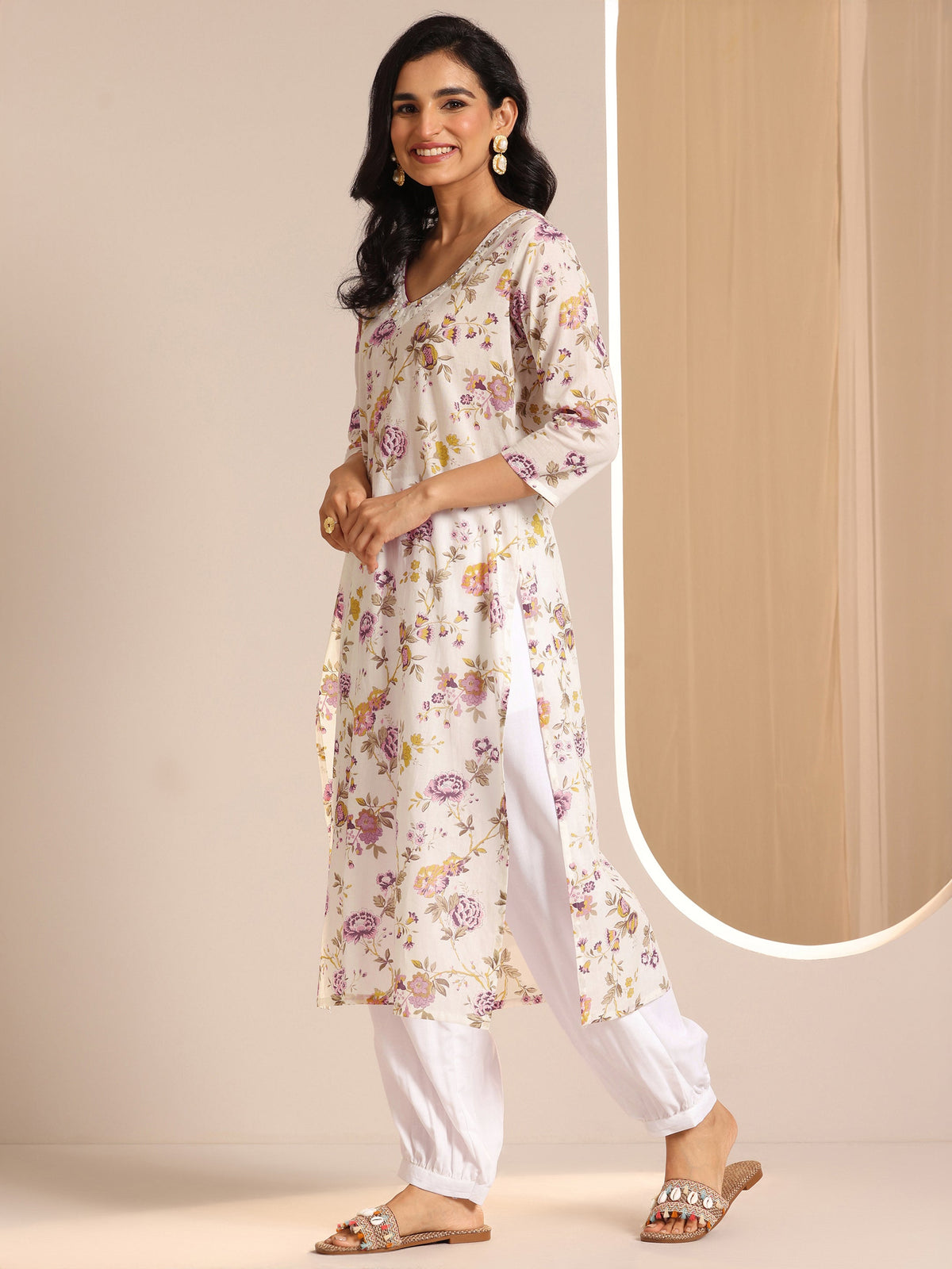 Libas Off White Printed Cotton Straight Suit Sets With Dupatta