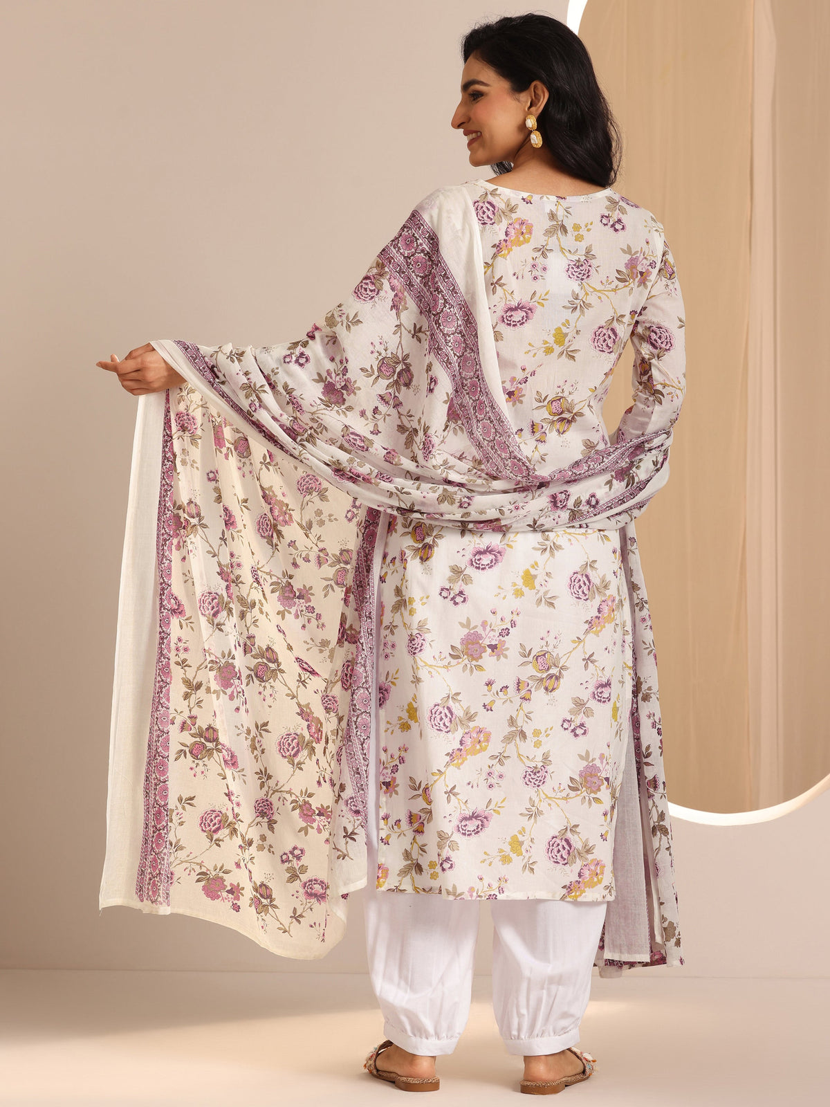 Libas Off White Printed Cotton Straight Suit Sets With Dupatta