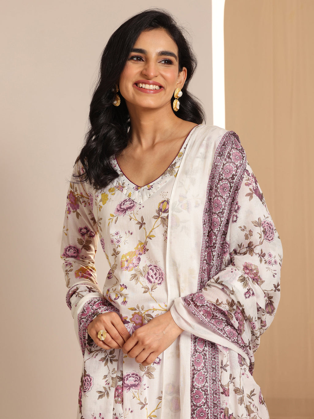 Libas Off White Printed Cotton Straight Suit Sets With Dupatta