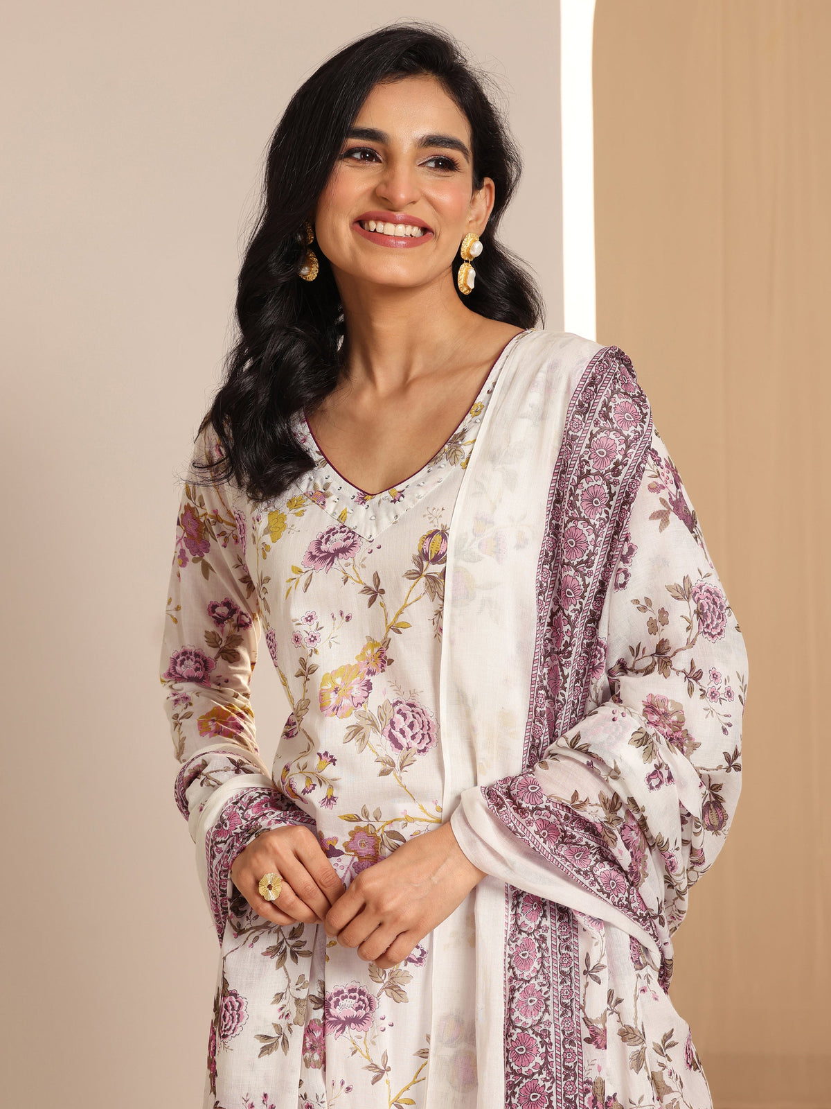 Libas Off White Printed Cotton Straight Suit Sets With Dupatta