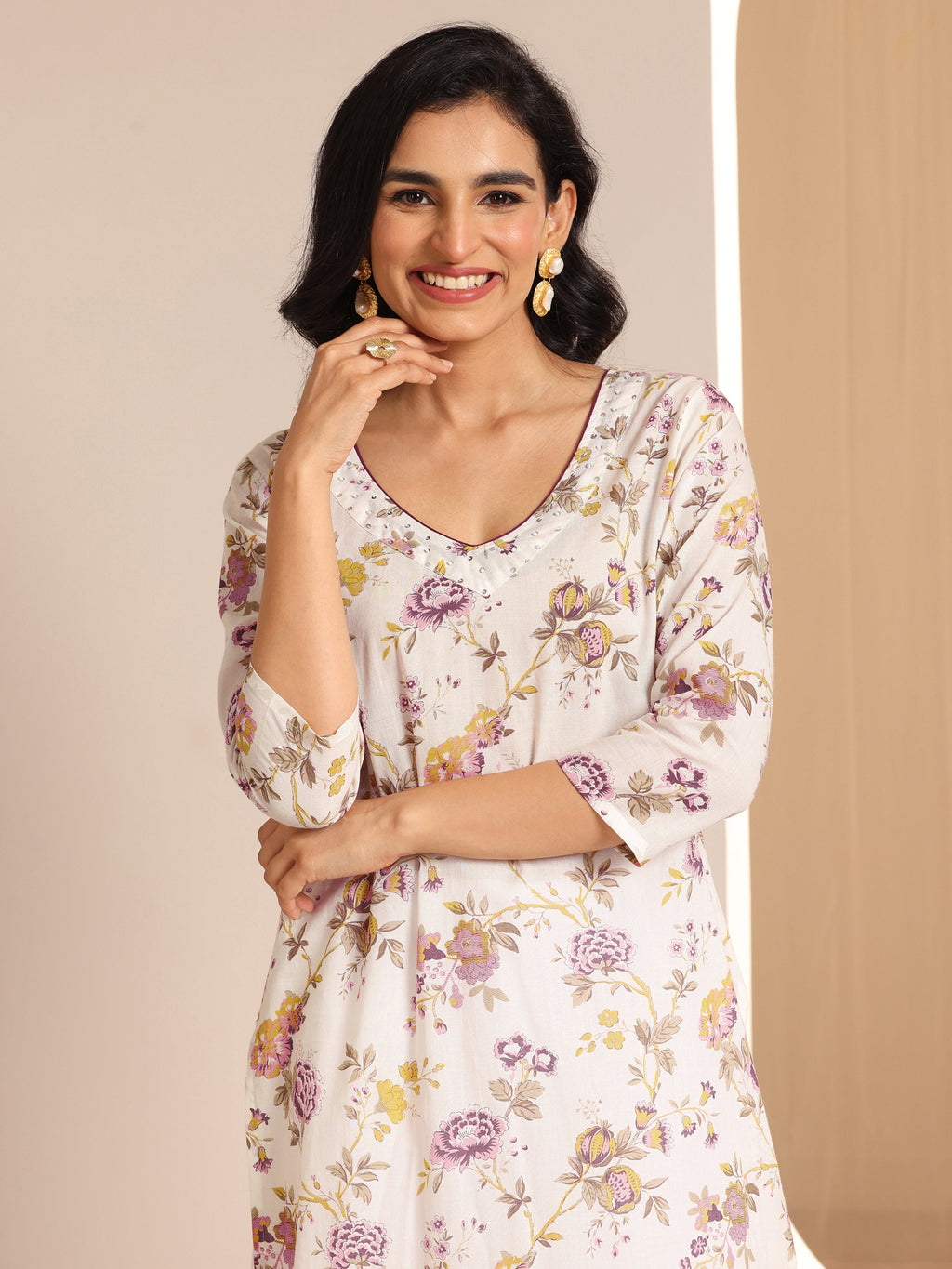 Libas Off White Printed Cotton Straight Suit Sets With Dupatta