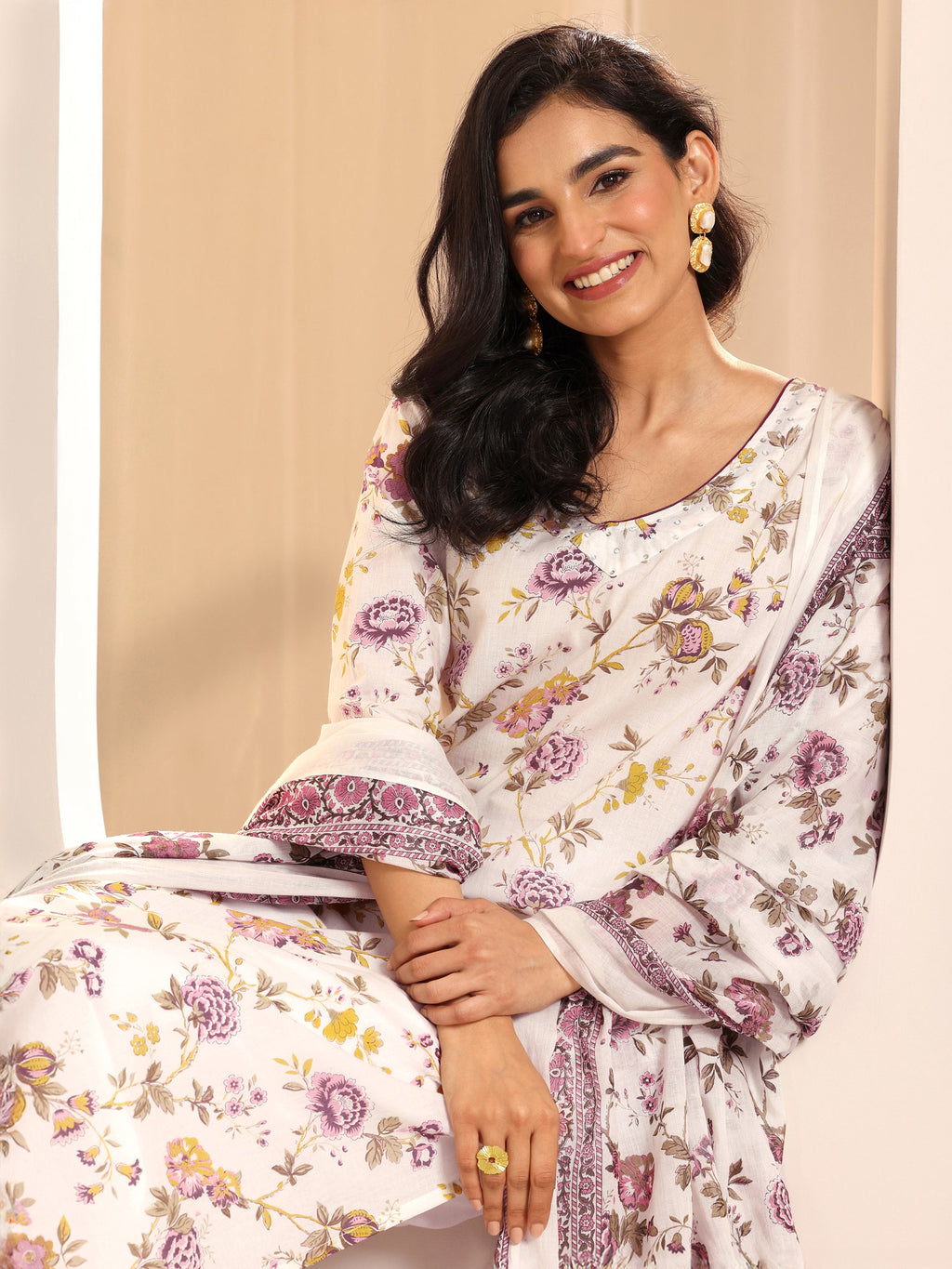 Libas Off White Printed Cotton Straight Suit Sets With Dupatta