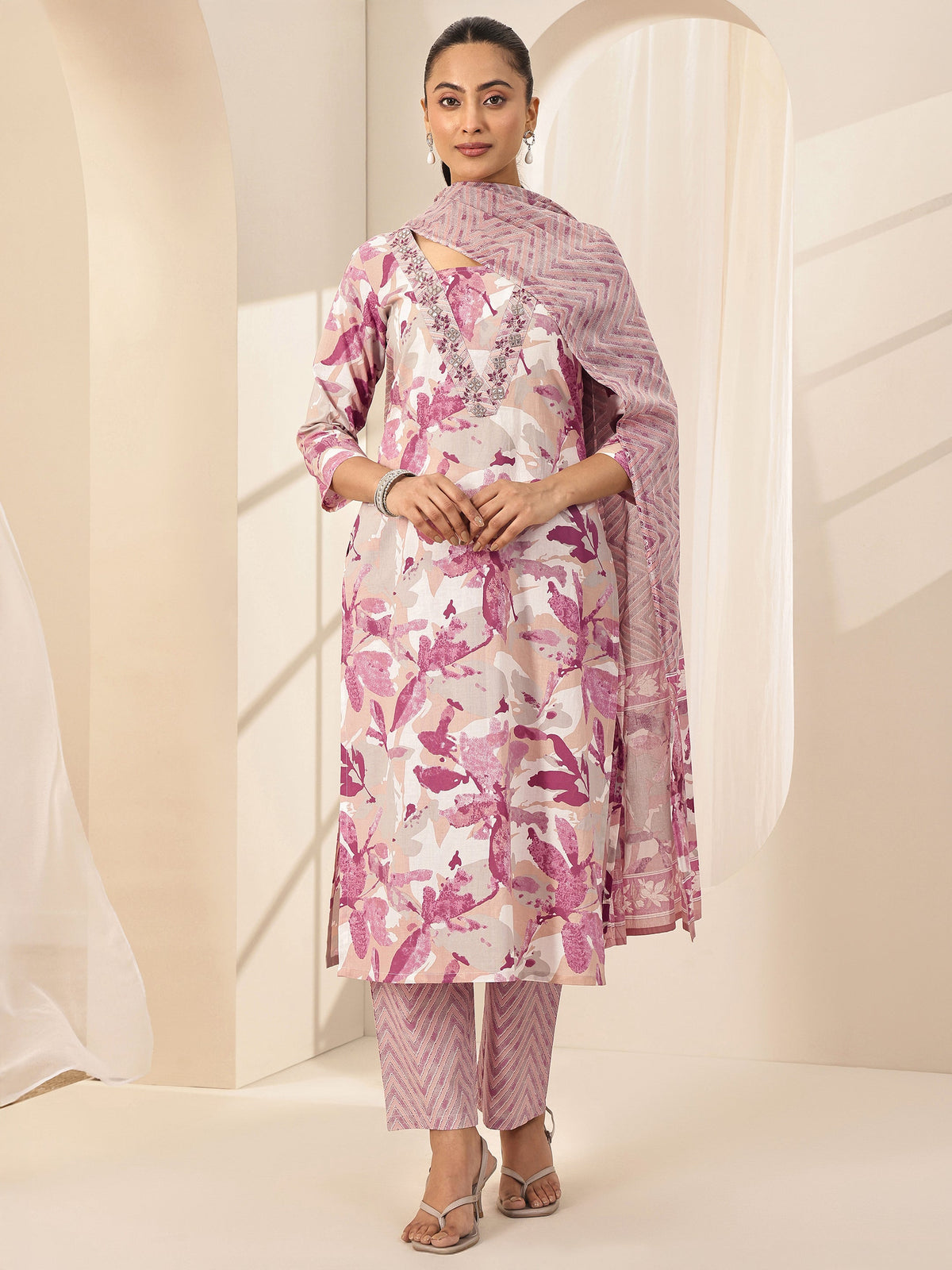 Libas Off White Printed Cotton Straight Suit Sets With Dupatta