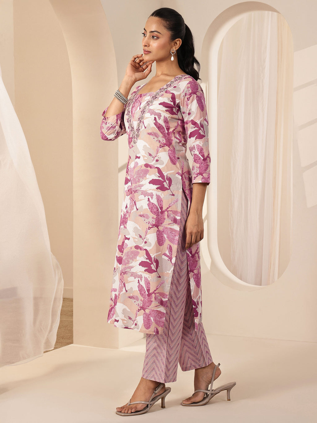 Libas Off White Printed Cotton Straight Suit Sets With Dupatta