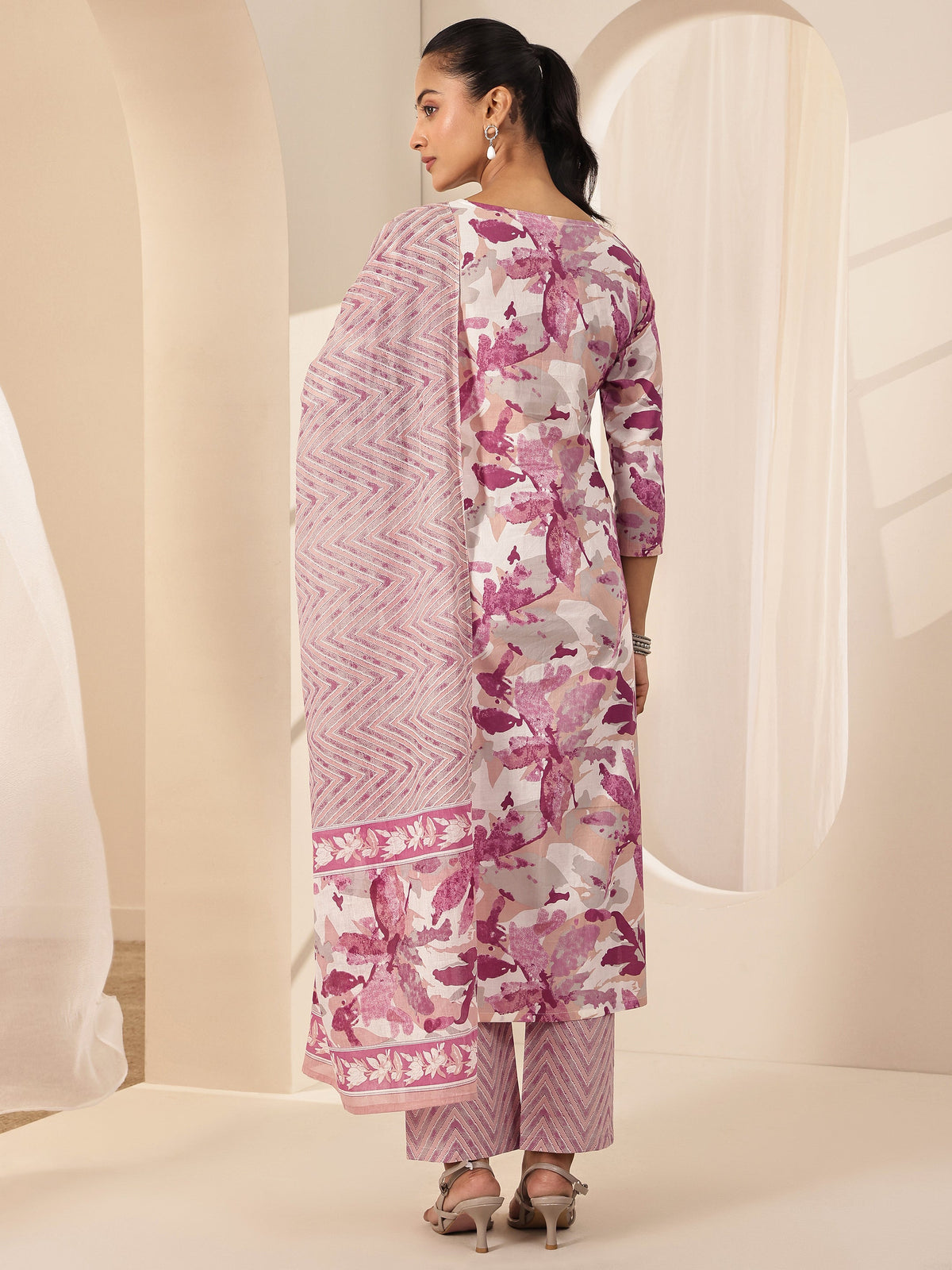 Libas Off White Printed Cotton Straight Suit Sets With Dupatta
