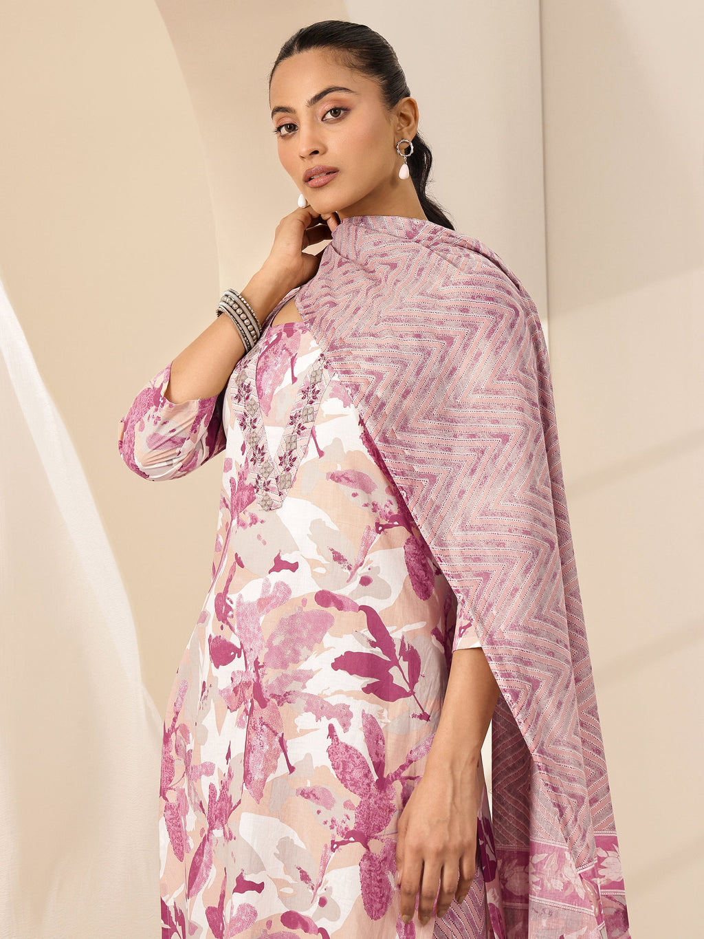 Libas Off White Printed Cotton Straight Suit Sets With Dupatta