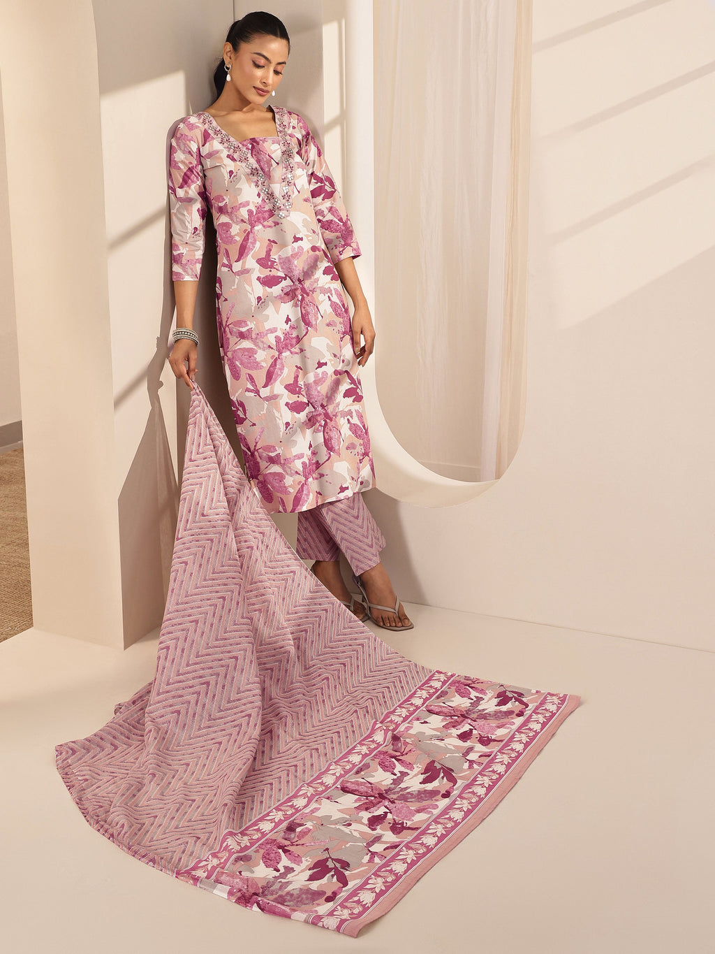 Libas Off White Printed Cotton Straight Suit Sets With Dupatta