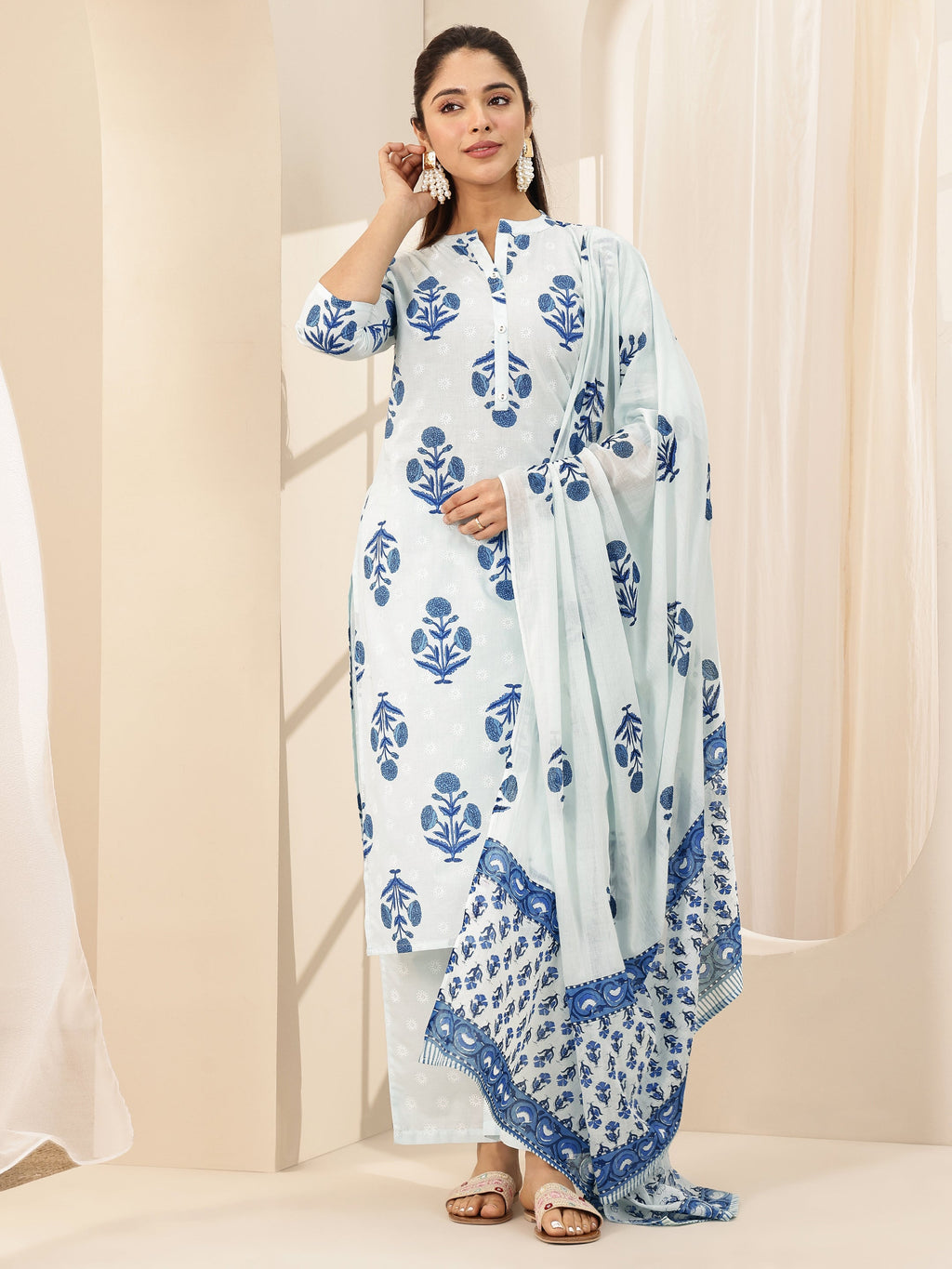 Libas Blue Printed Cotton Straight Suit Sets With Dupatta