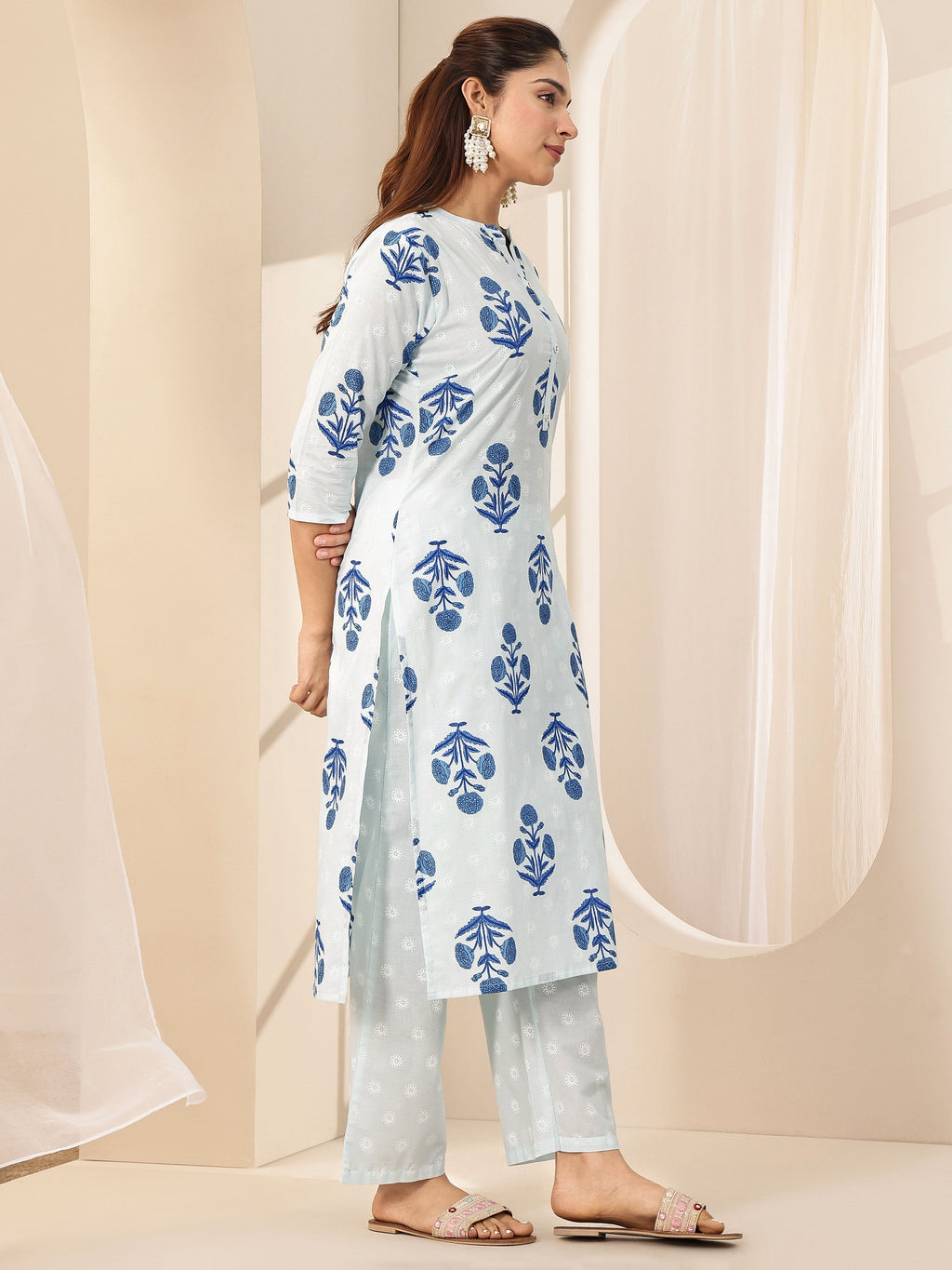 Libas Blue Printed Cotton Straight Suit Sets With Dupatta