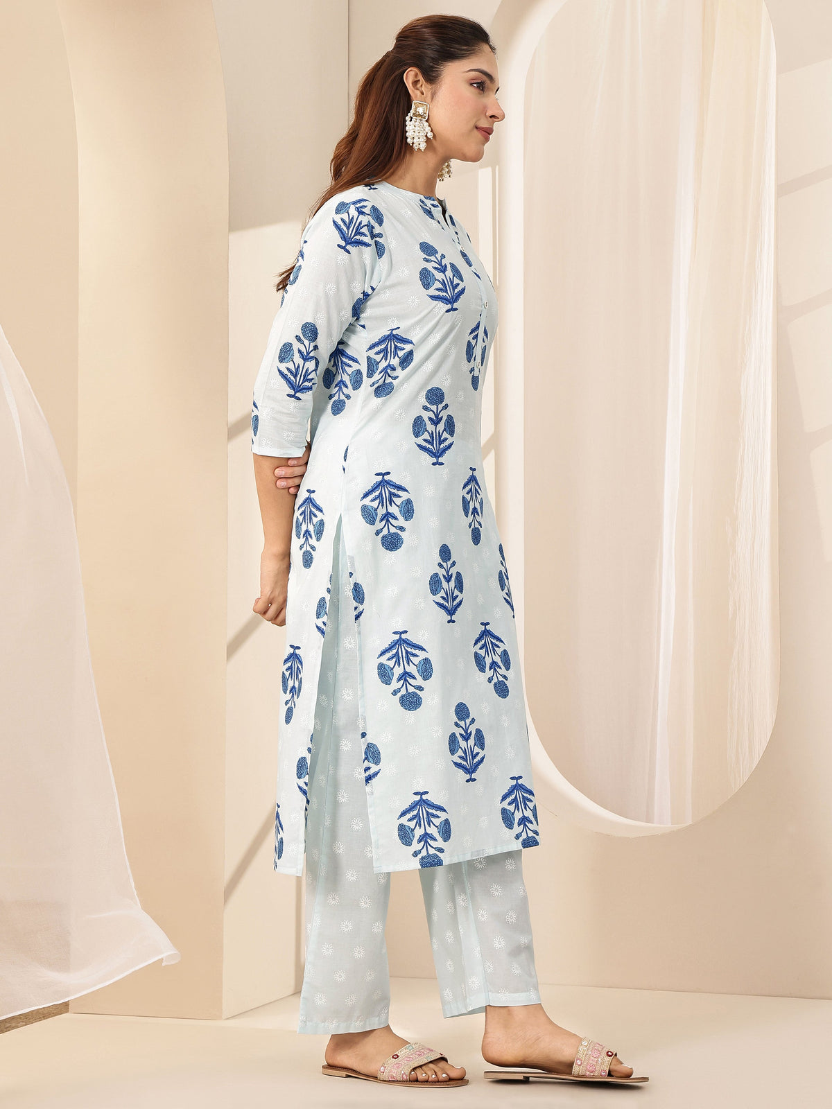 Libas Blue Printed Cotton Straight Suit Sets With Dupatta