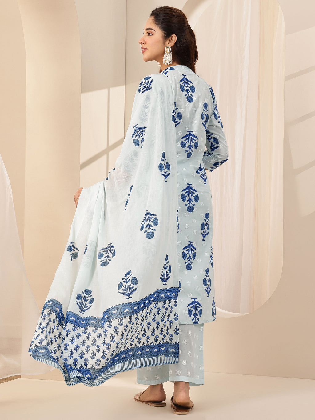 Libas Blue Printed Cotton Straight Suit Sets With Dupatta
