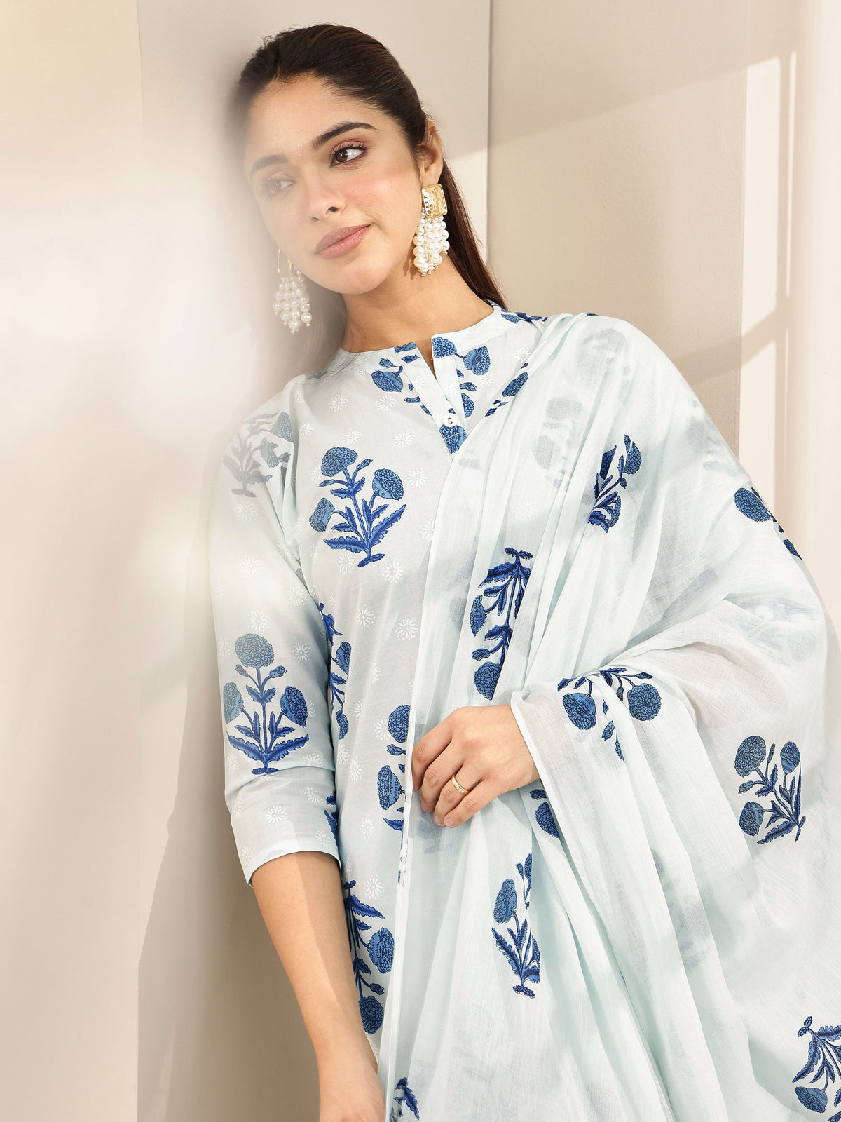 Libas Blue Printed Cotton Straight Suit Sets With Dupatta