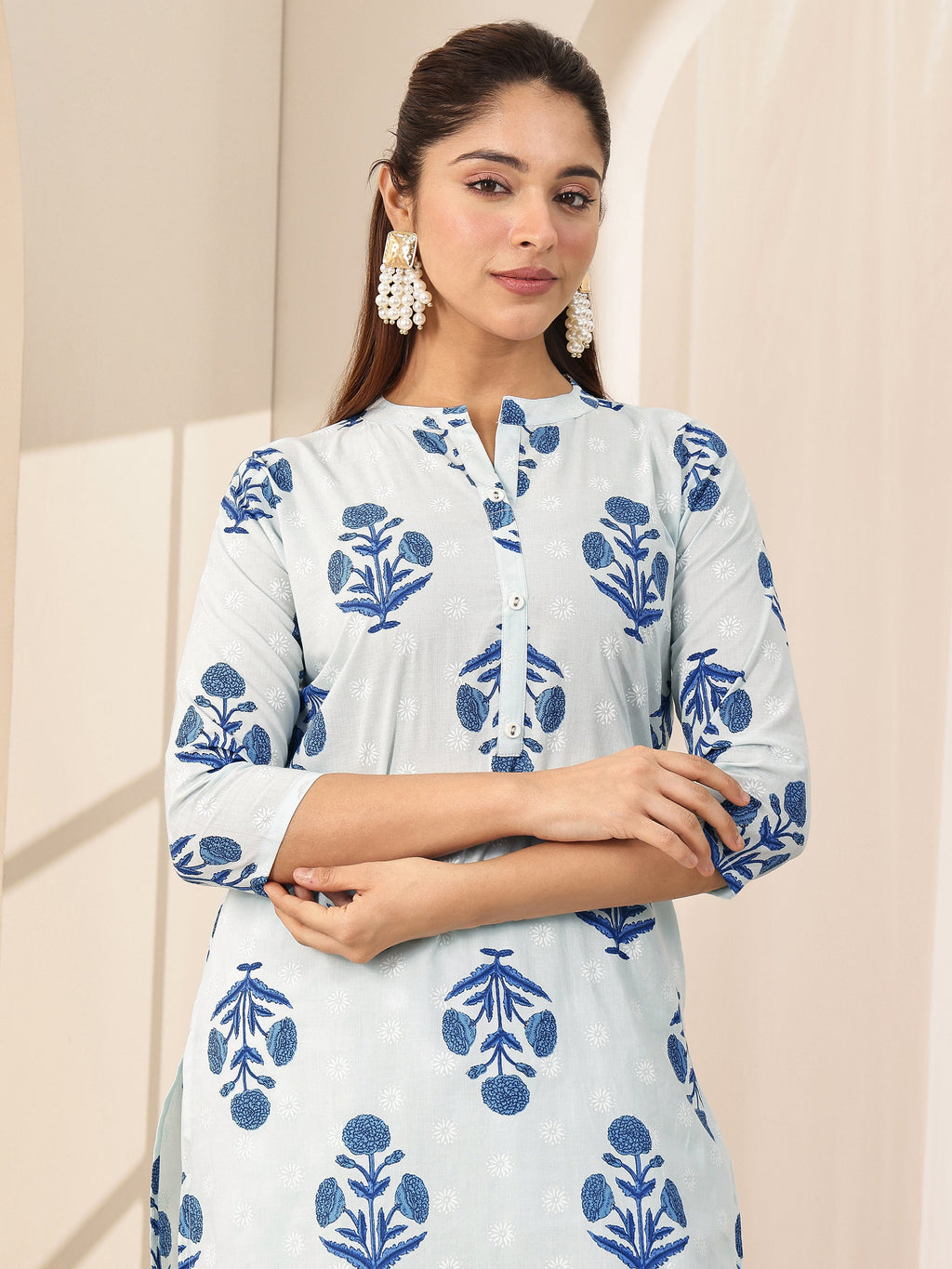 Libas Blue Printed Cotton Straight Suit Sets With Dupatta