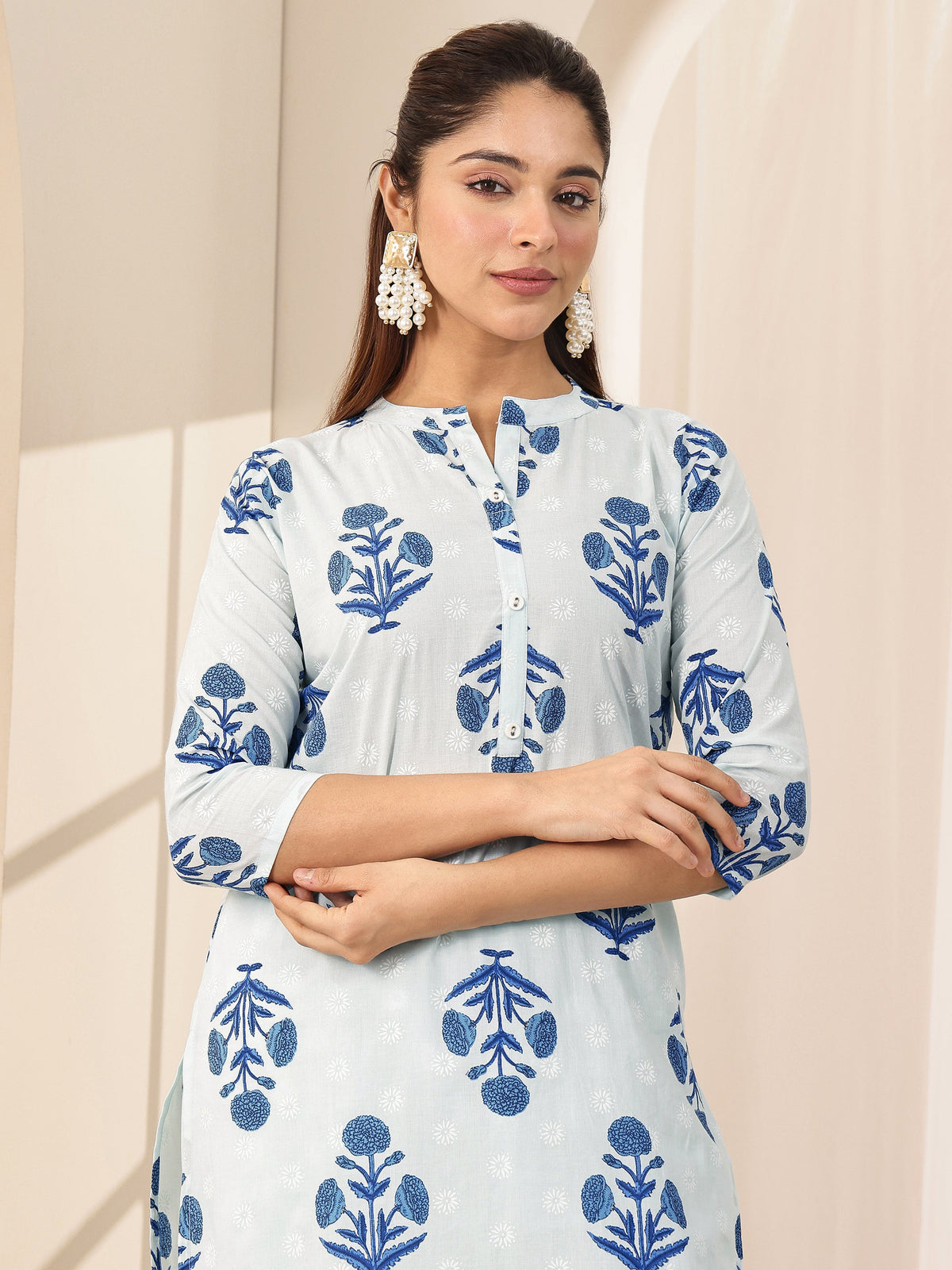 Libas Blue Printed Cotton Straight Suit Sets With Dupatta
