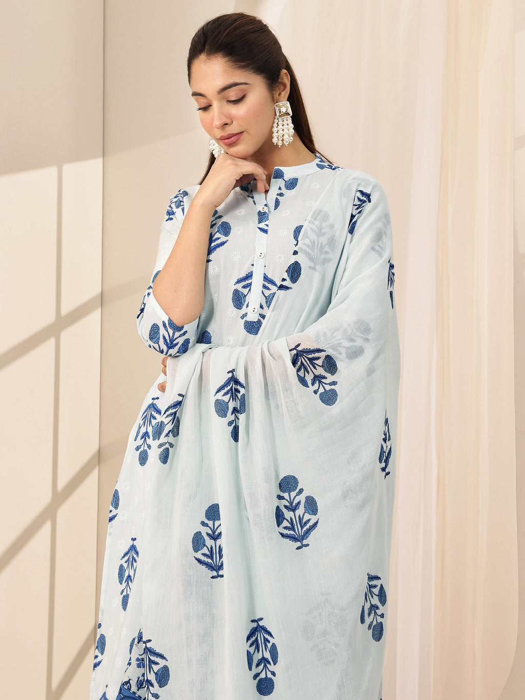 Libas Blue Printed Cotton Straight Suit Sets With Dupatta