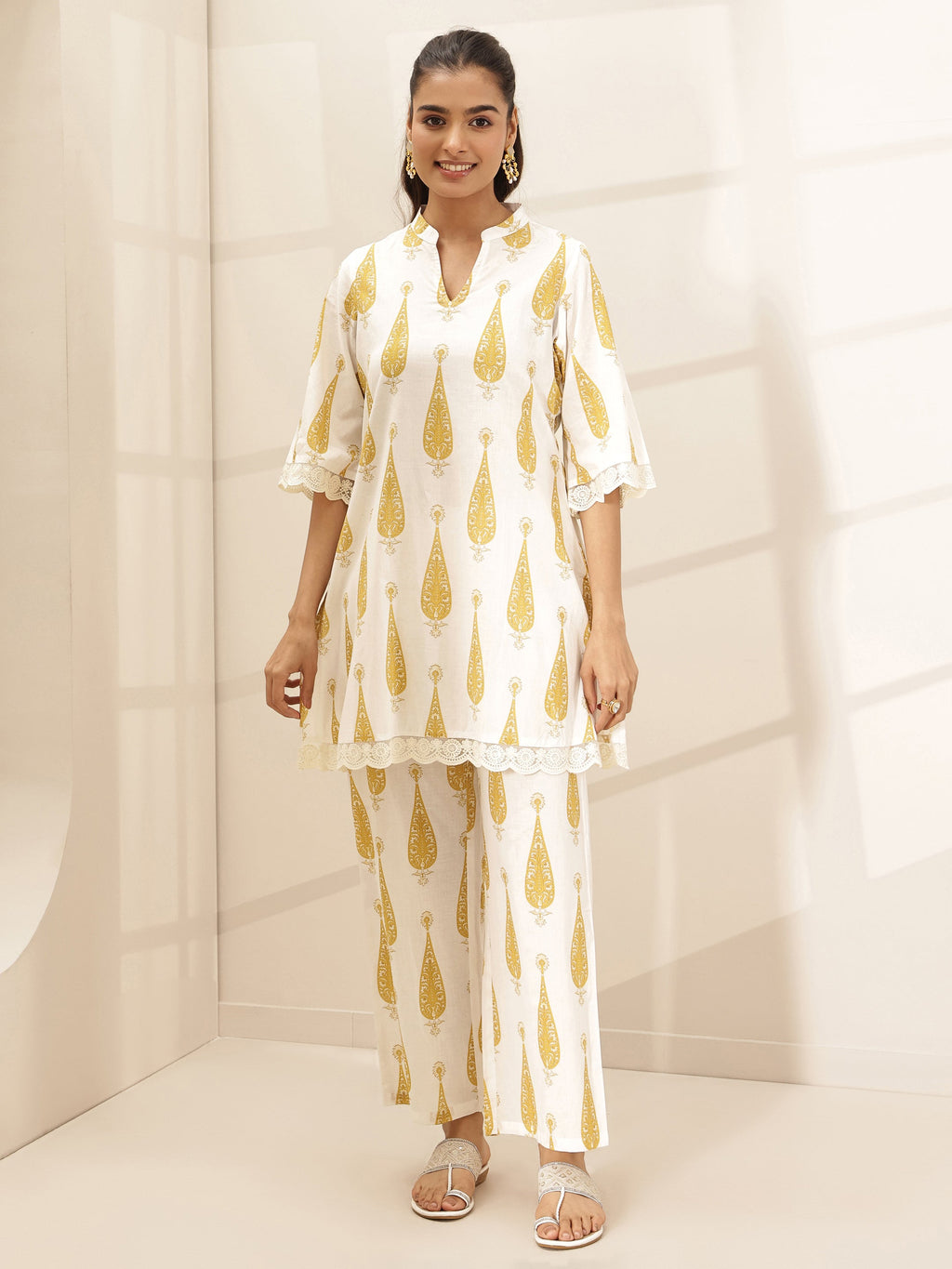Libas White Printed Cotton A-line Kurta Set