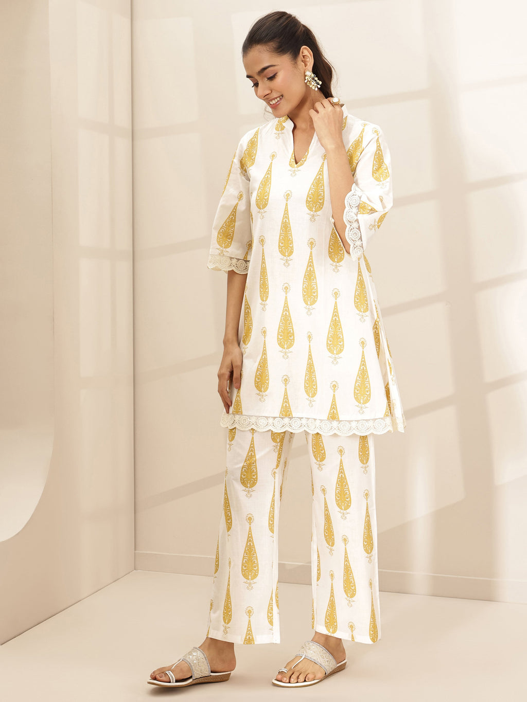 Libas White Printed Cotton A-line Kurta Set