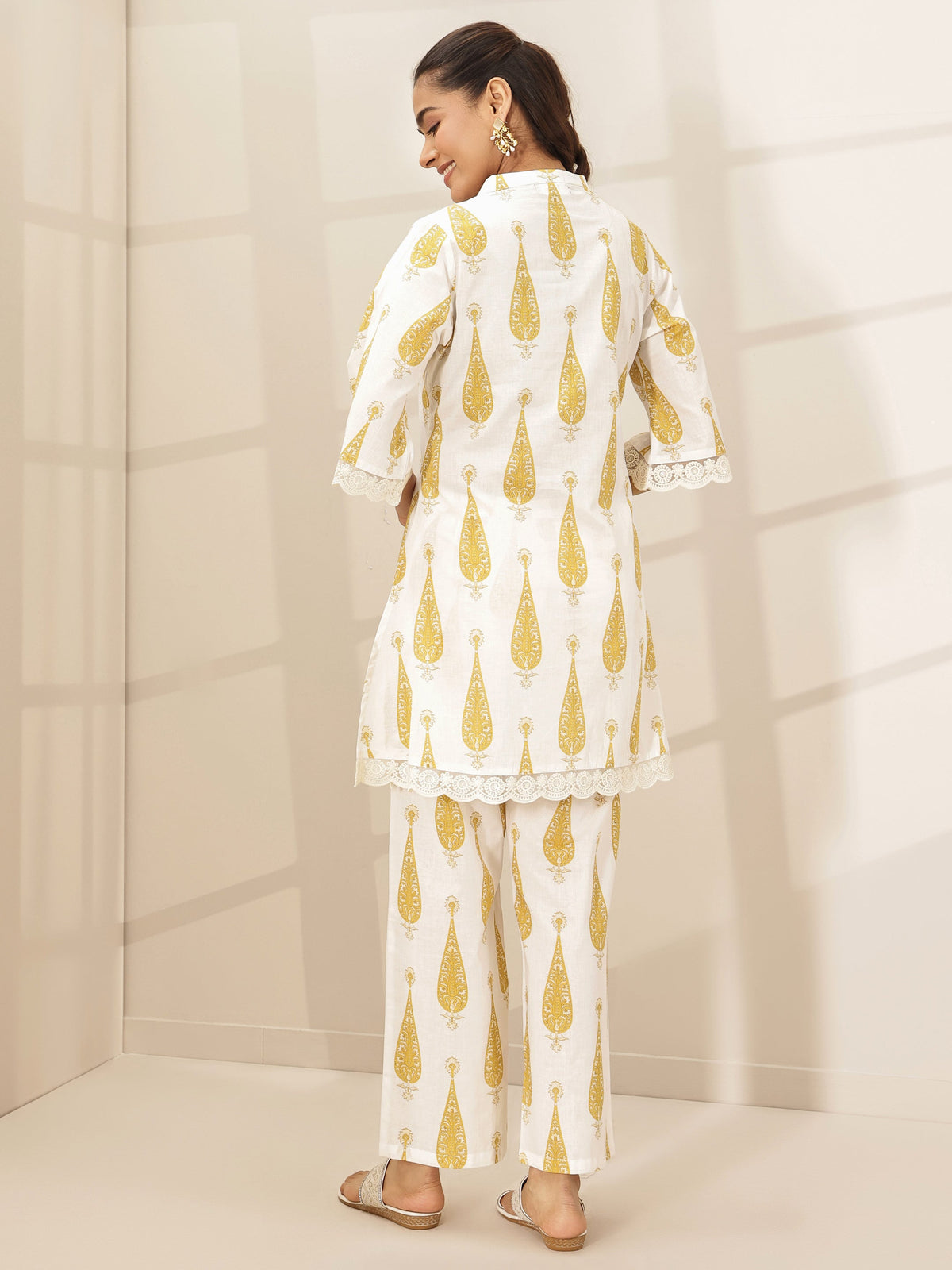 Libas White Printed Cotton A-line Kurta Set