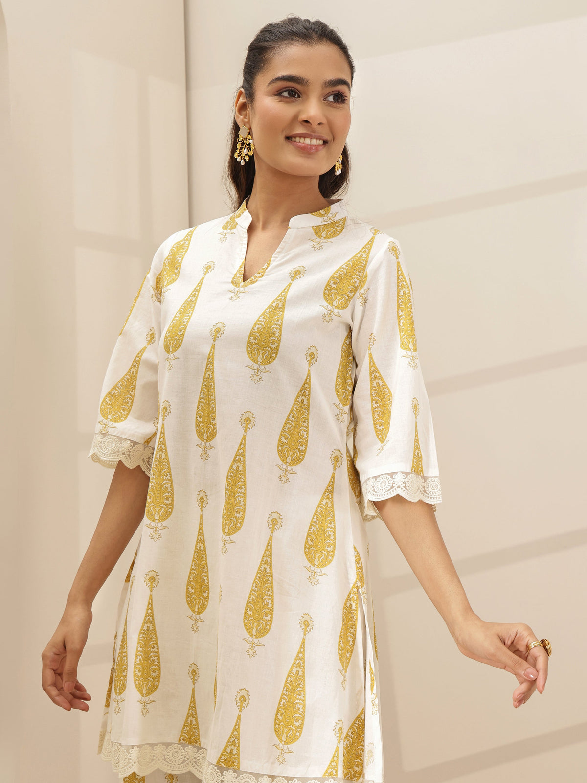 Libas White Printed Cotton A-line Kurta Set