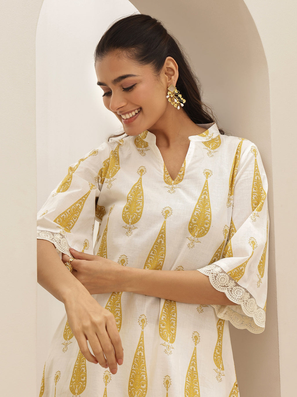 Libas White Printed Cotton A-line Kurta Set