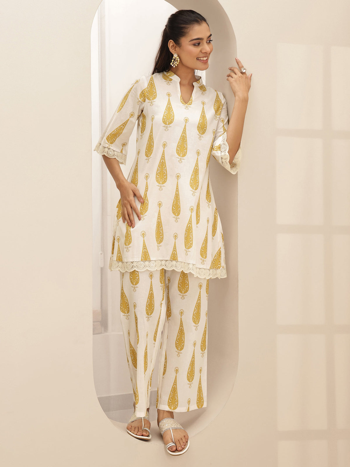 Libas White Printed Cotton A-line Kurta Set