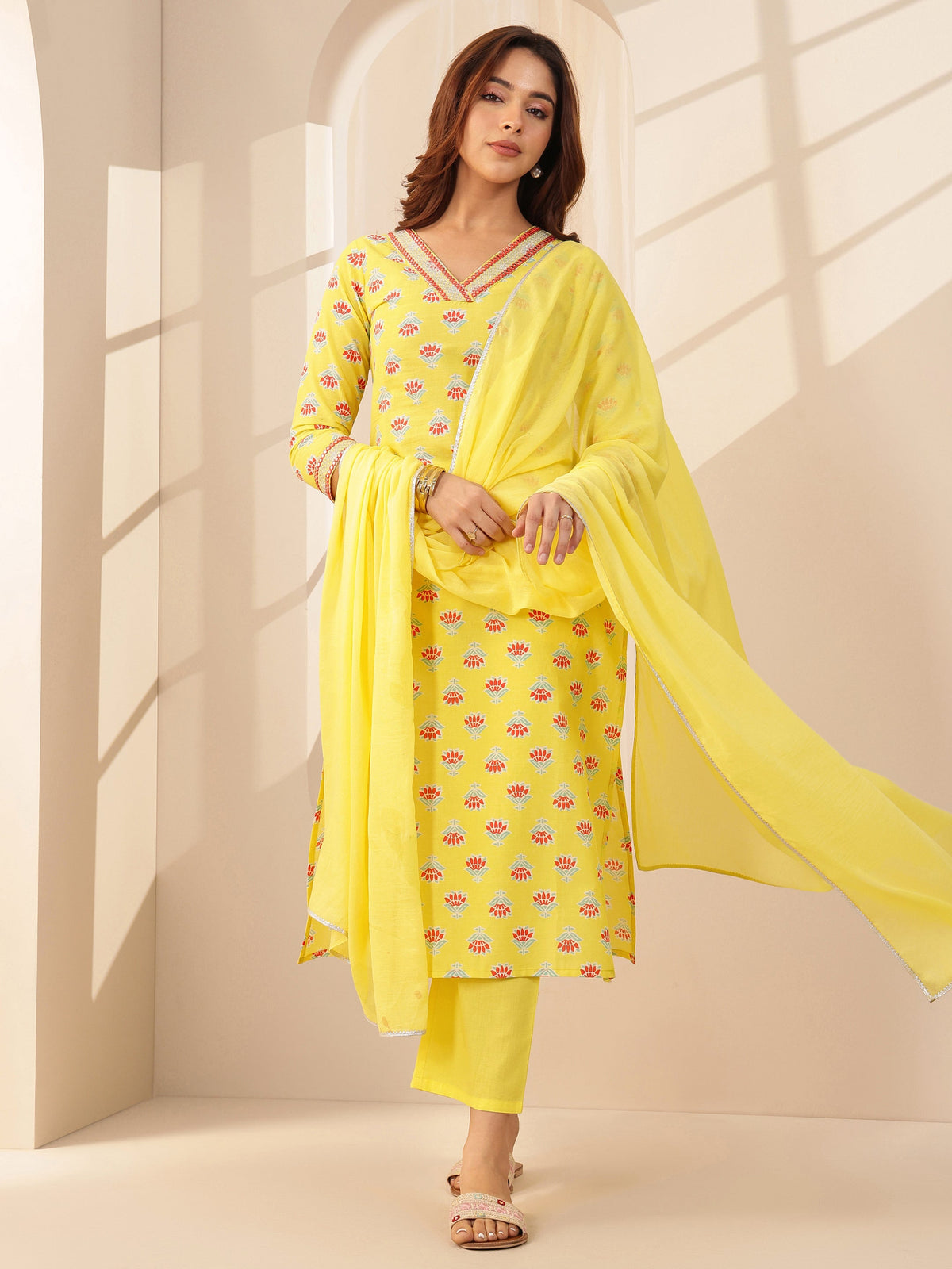 Libas Yellow Printed Cotton Straight Suit Sets With Dupatta