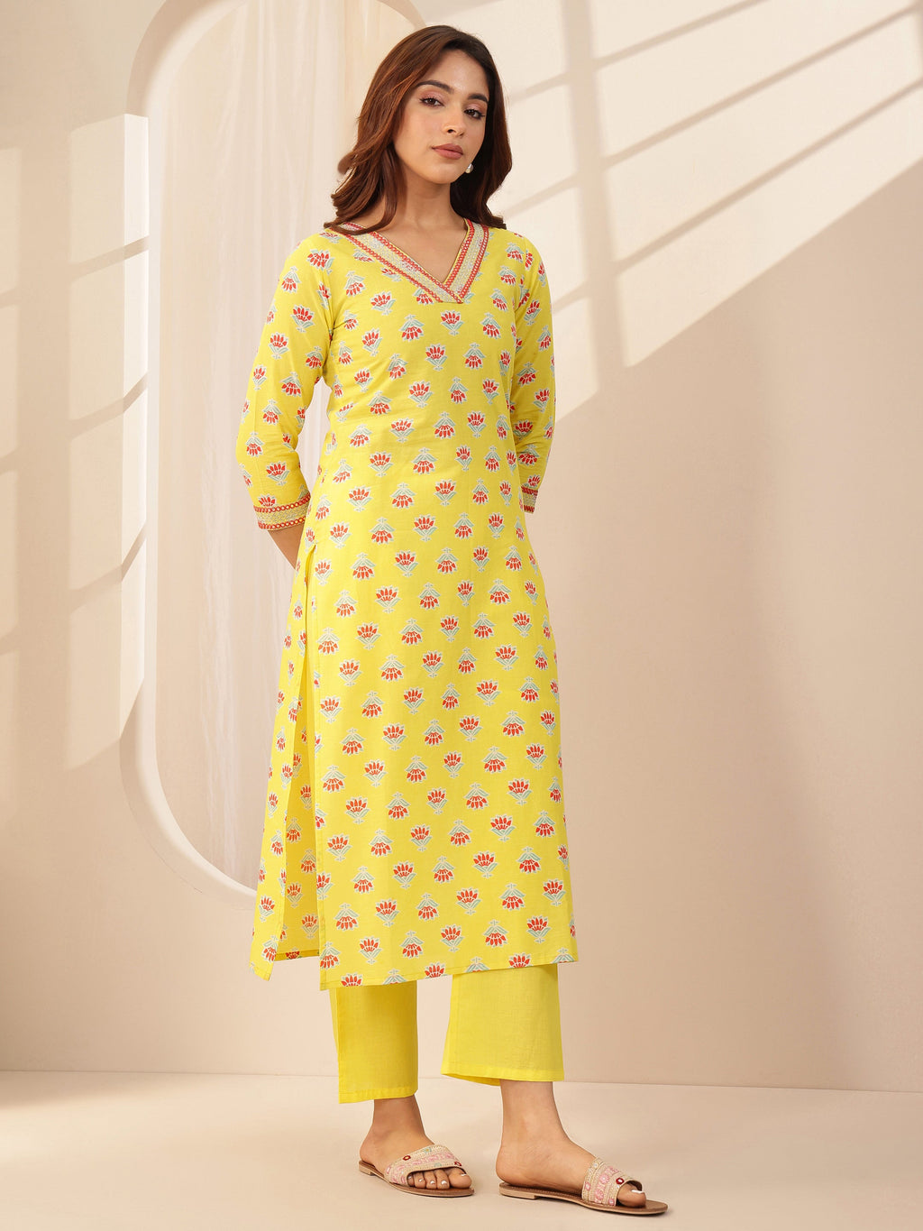 Libas Yellow Printed Cotton Straight Suit Sets With Dupatta