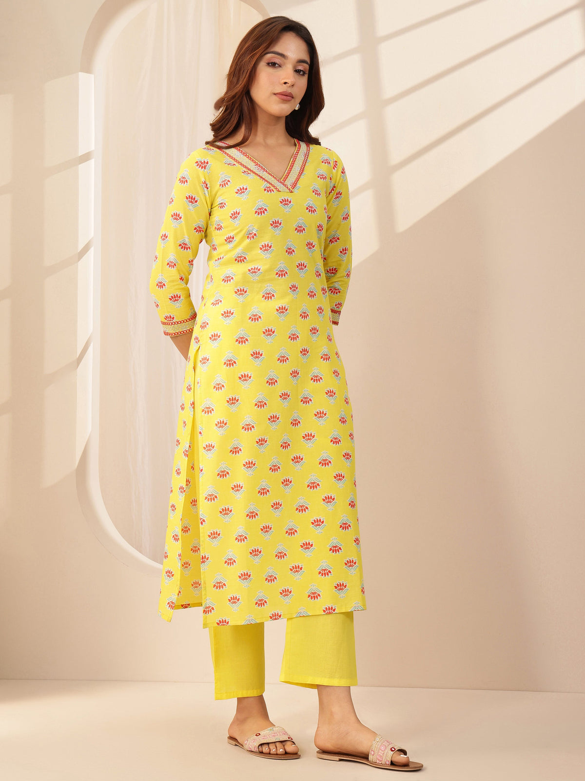 Libas Yellow Printed Cotton Straight Suit Sets With Dupatta