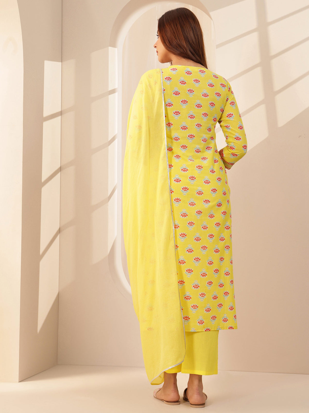 Libas Yellow Printed Cotton Straight Suit Sets With Dupatta