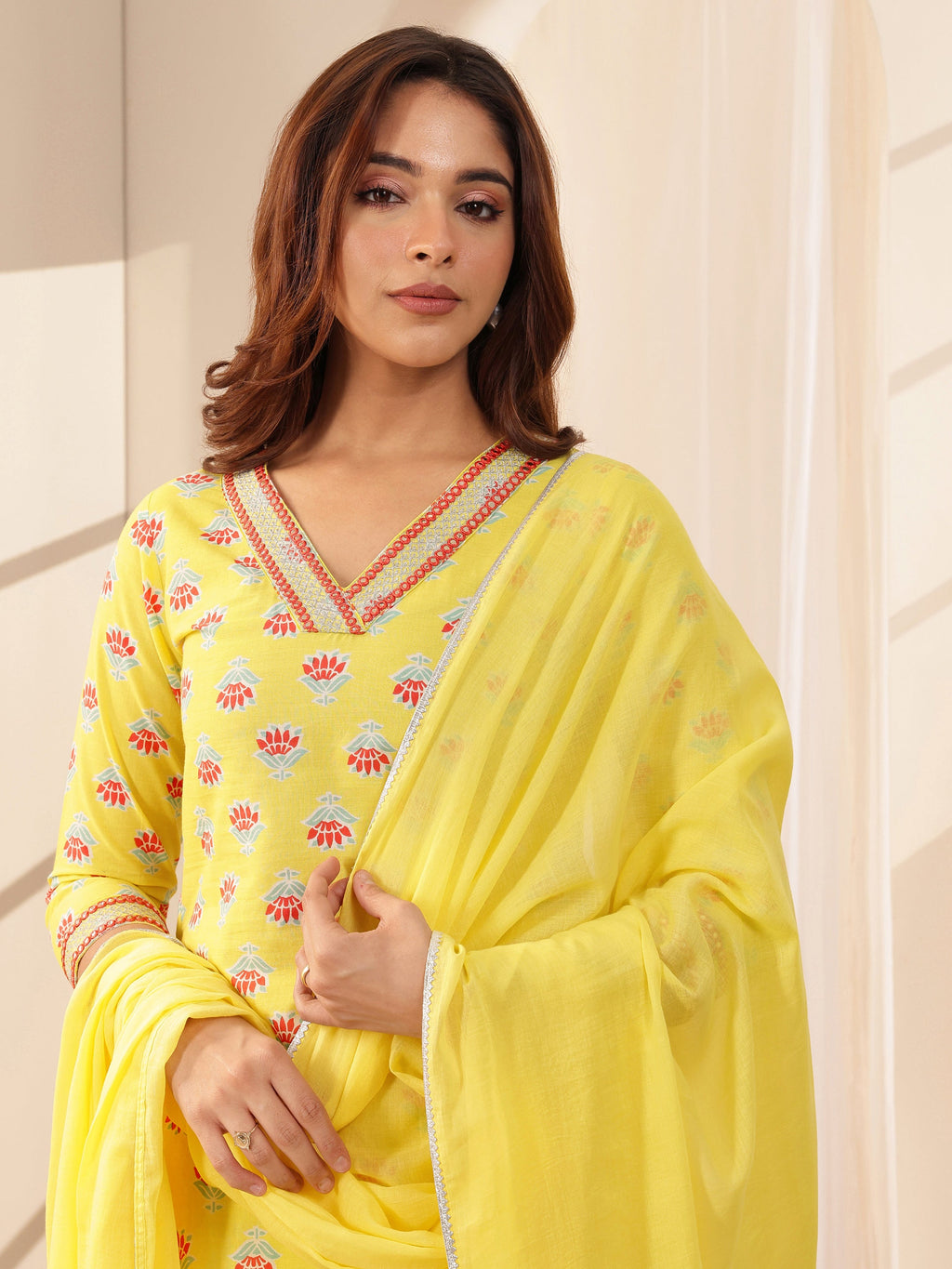 Libas Yellow Printed Cotton Straight Suit Sets With Dupatta