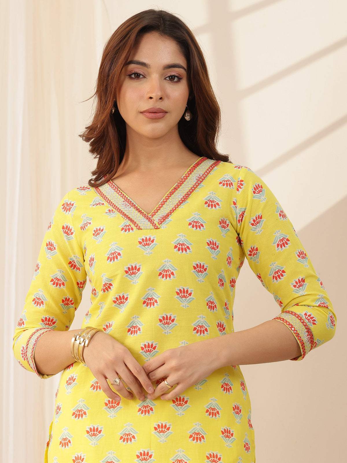 Libas Yellow Printed Cotton Straight Suit Sets With Dupatta