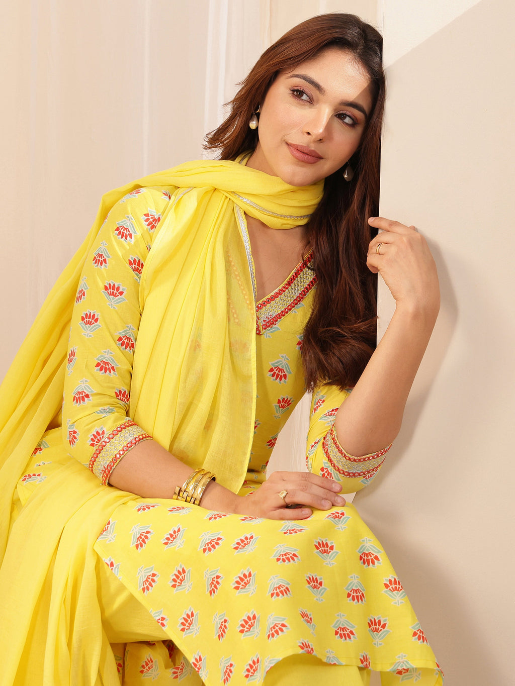 Libas Yellow Printed Cotton Straight Suit Sets With Dupatta