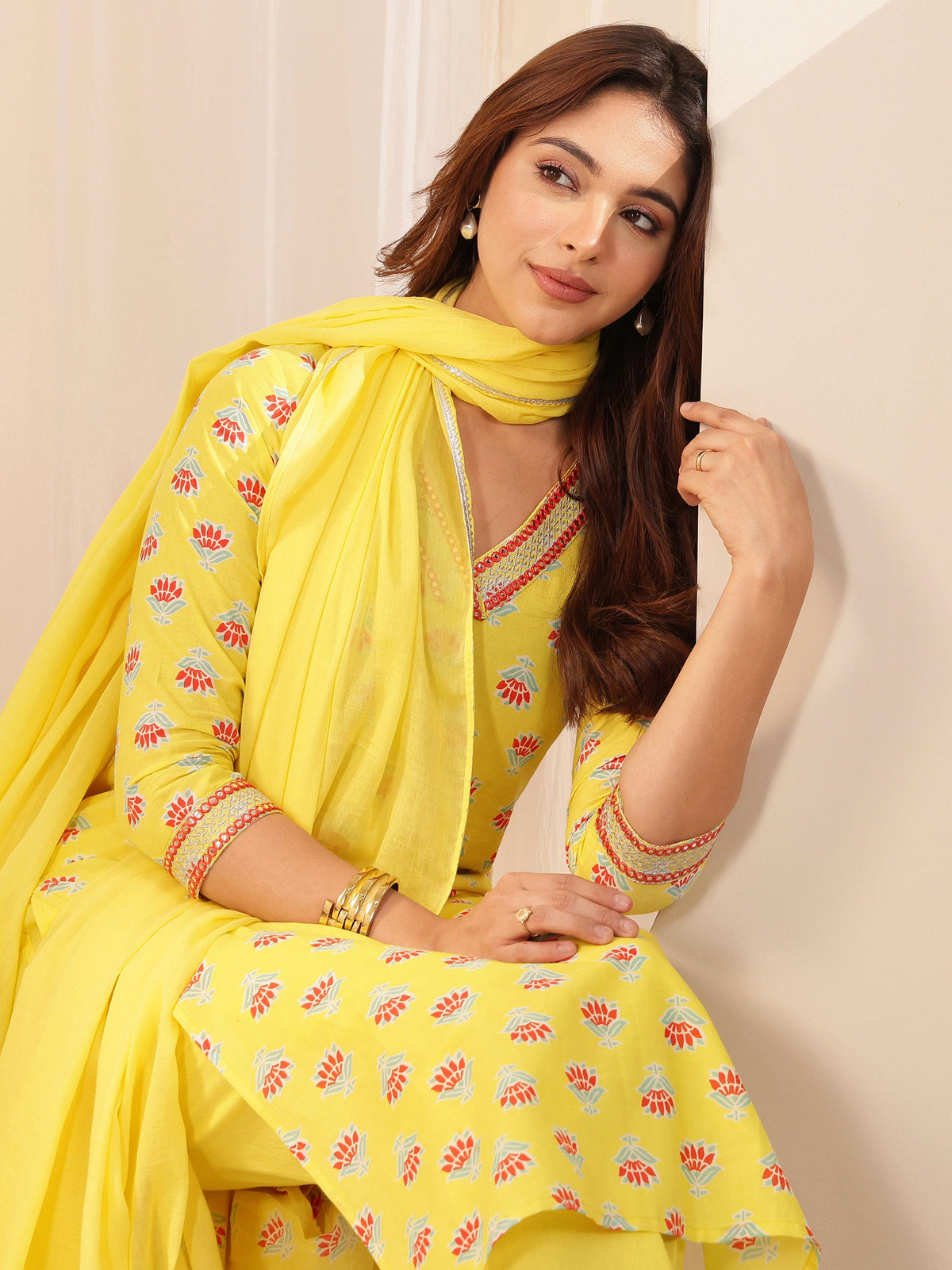 Libas Yellow Printed Cotton Straight Suit Sets With Dupatta