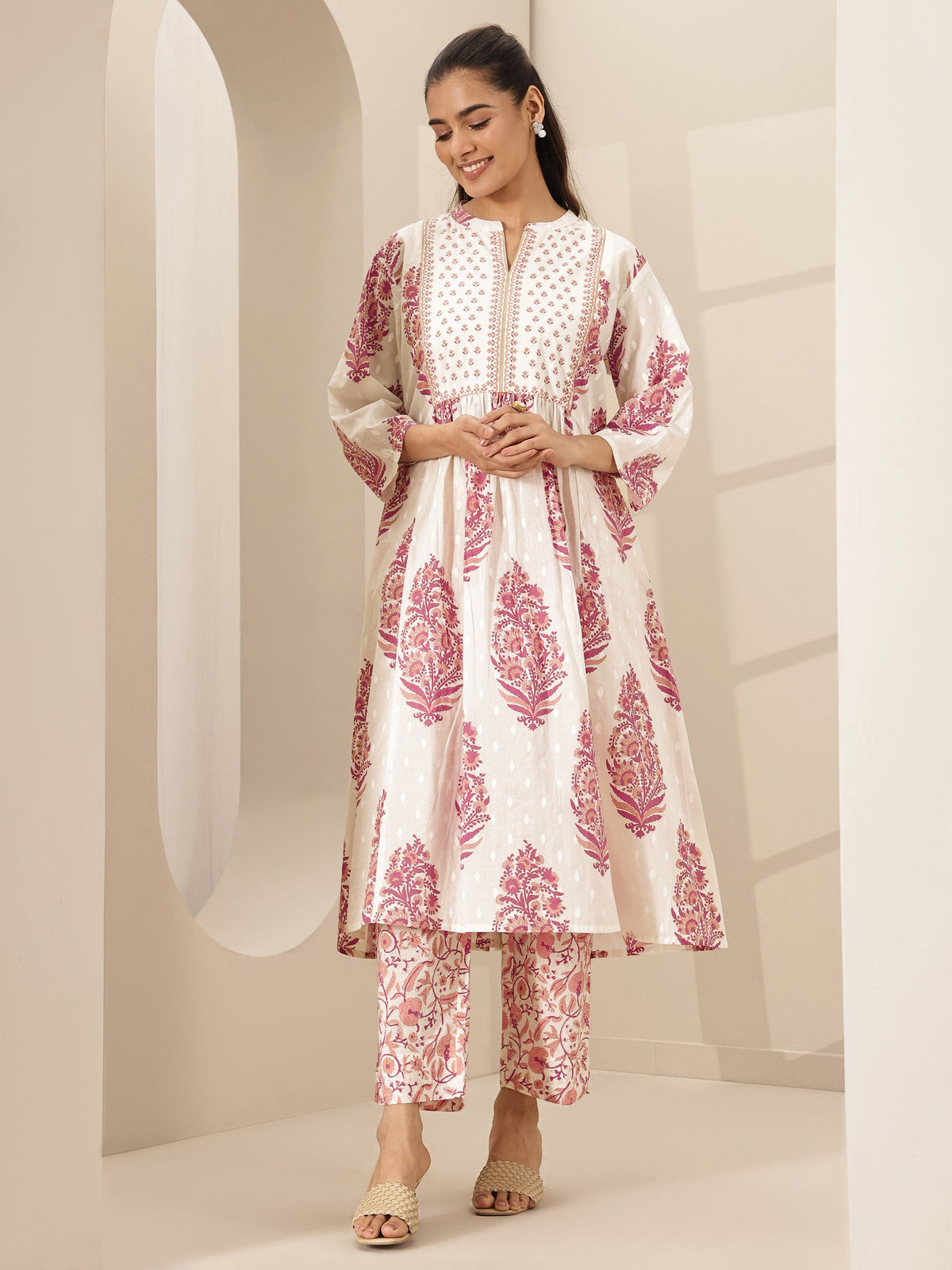 Libas White Printed Cotton A-line Kurta Set