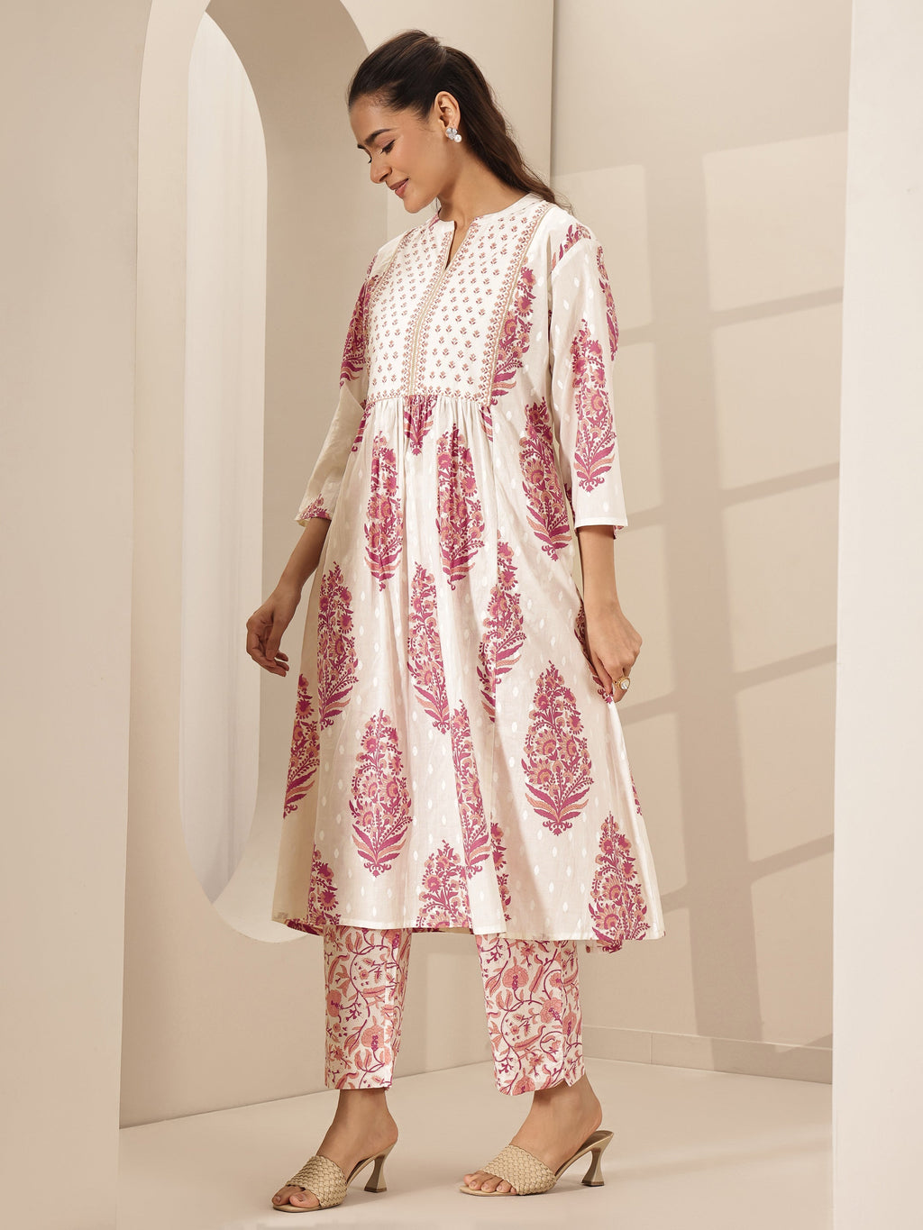 Libas White Printed Cotton A-line Kurta Set