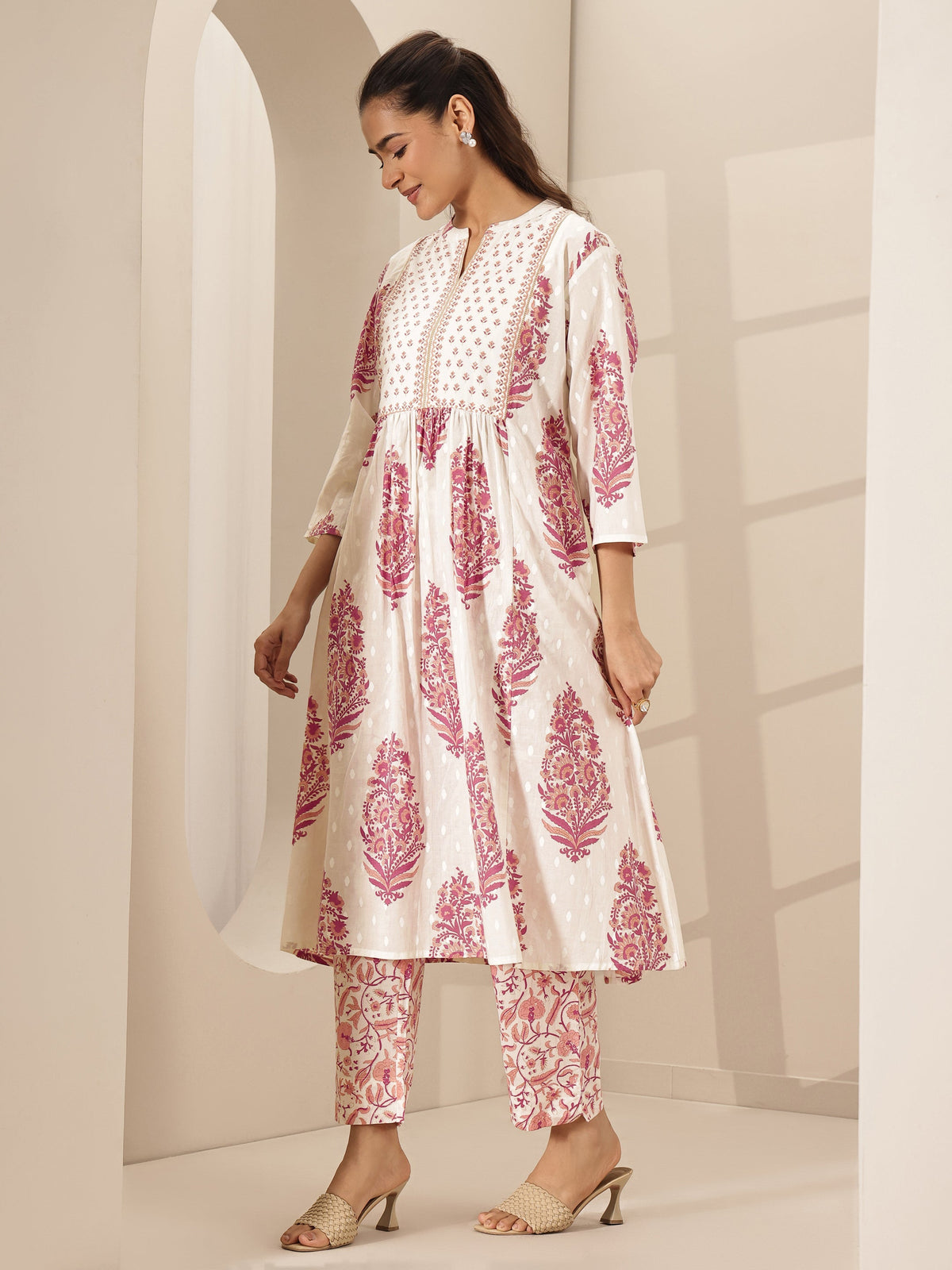 Libas White Printed Cotton A-line Kurta Set