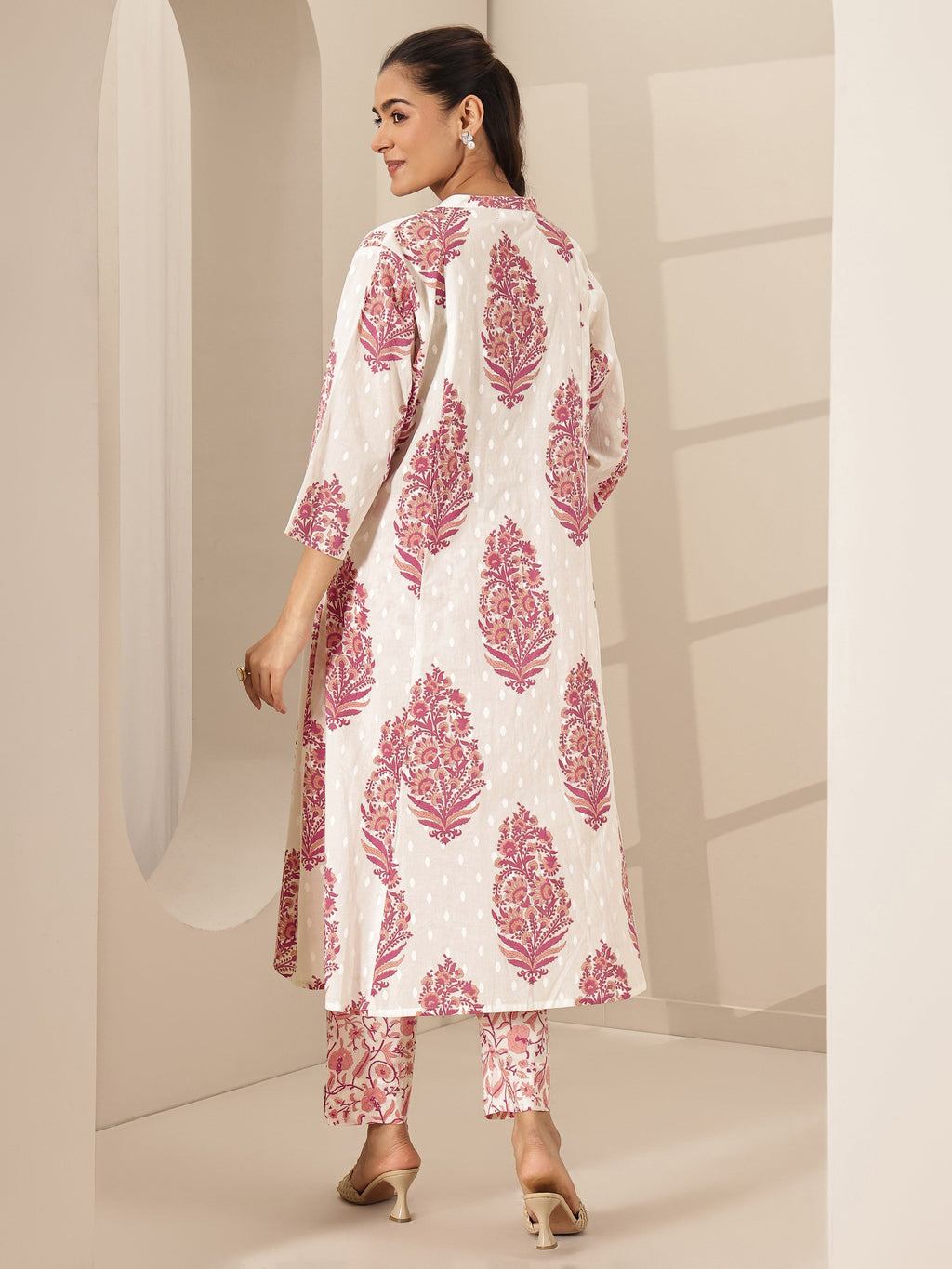 Libas White Printed Cotton A-line Kurta Set