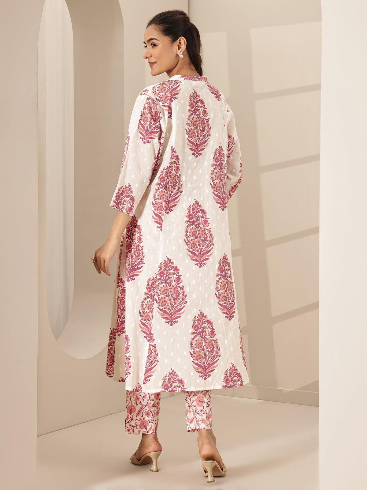 Libas White Printed Cotton A-line Kurta Set