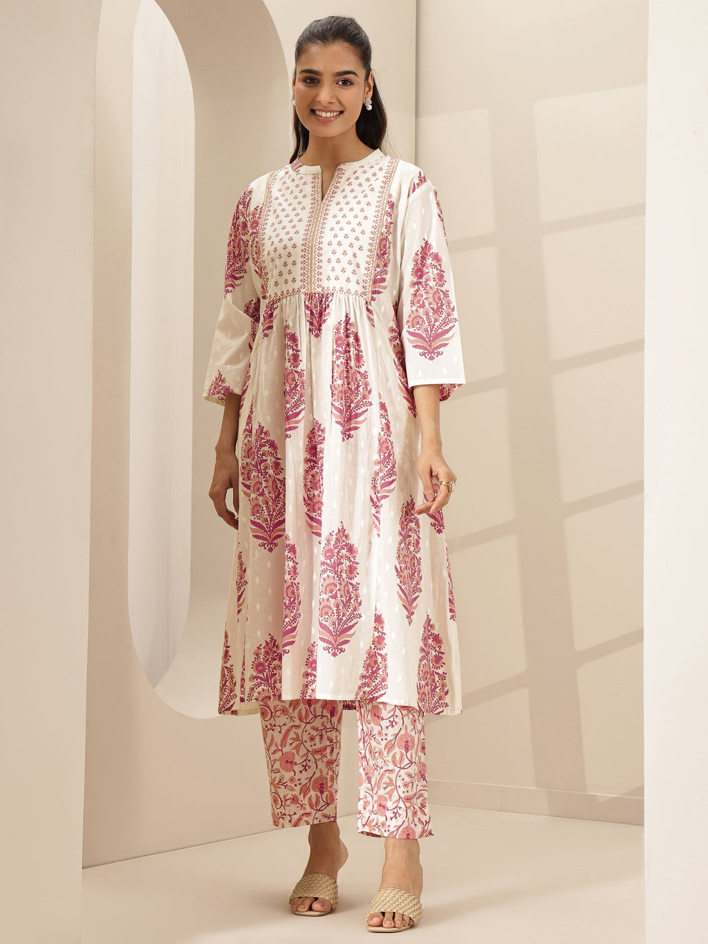 Libas White Printed Cotton A-line Kurta Set