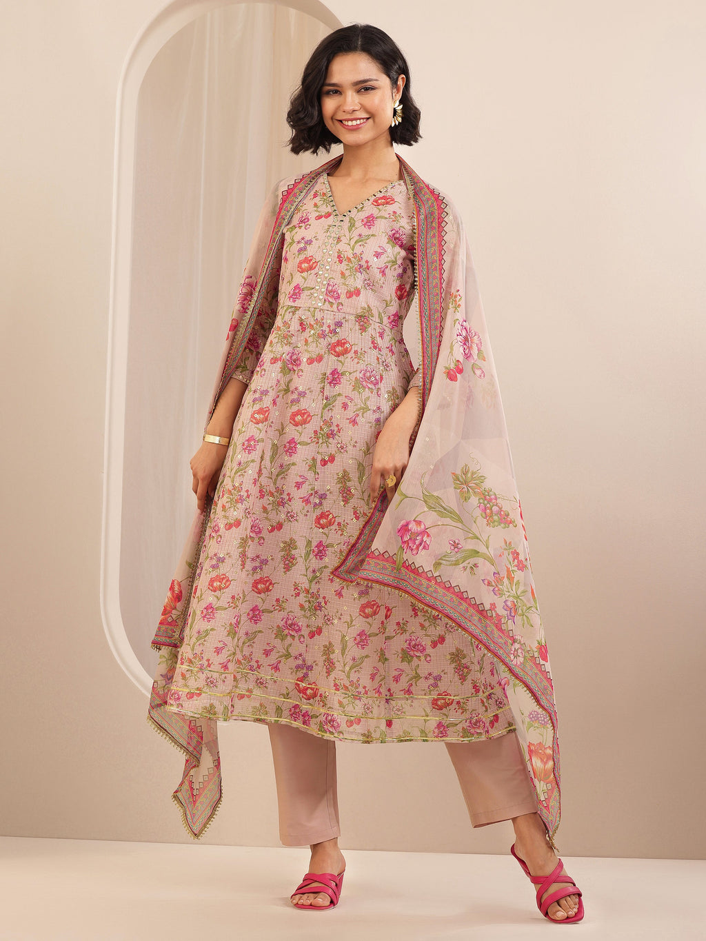 Libas Pink Printed Silk Blend A-line Suit Sets With Dupatta