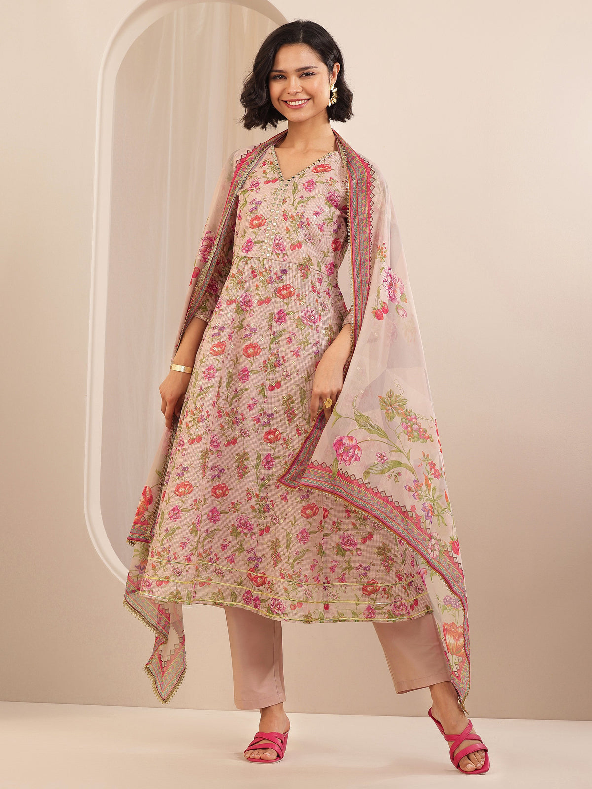Libas Pink Printed Silk Blend A-line Suit Sets With Dupatta