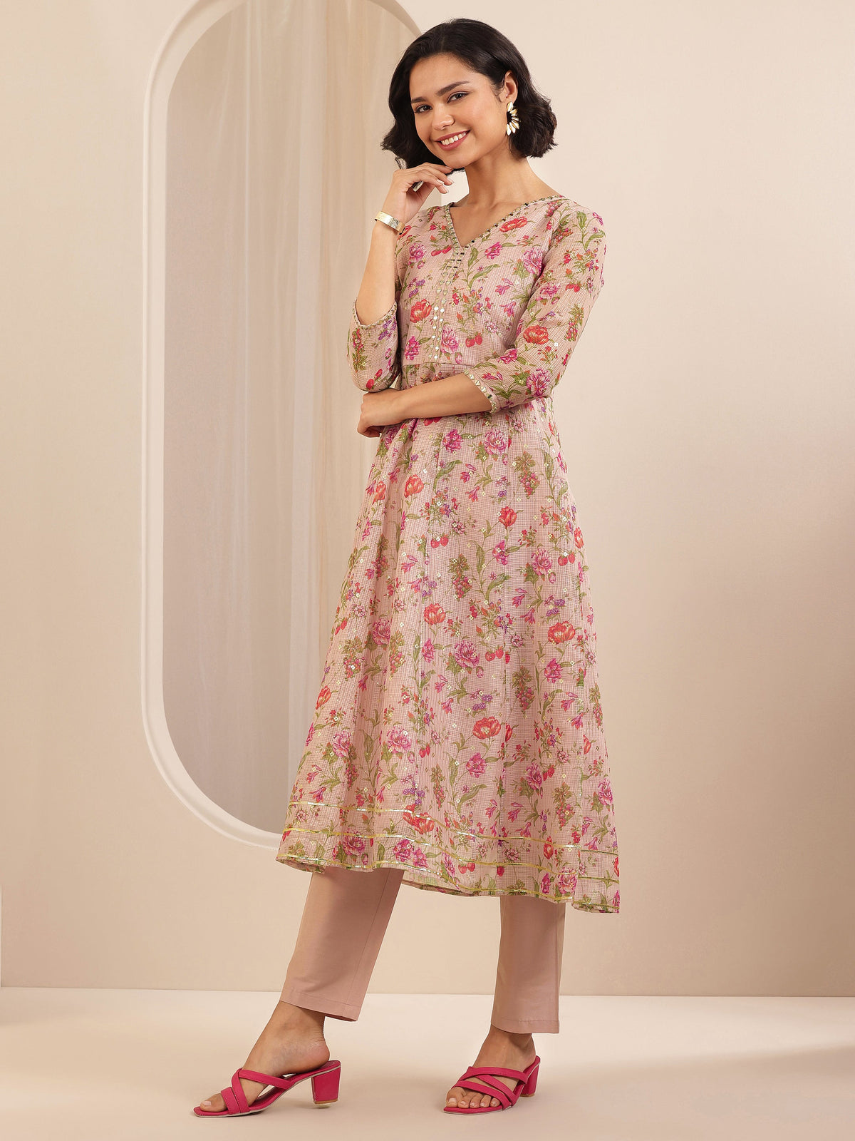 Libas Pink Printed Silk Blend A-line Suit Sets With Dupatta