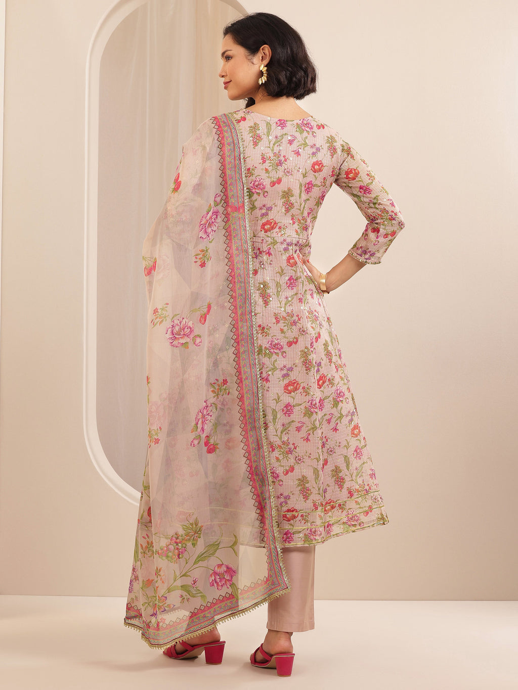 Libas Pink Printed Silk Blend A-line Suit Sets With Dupatta